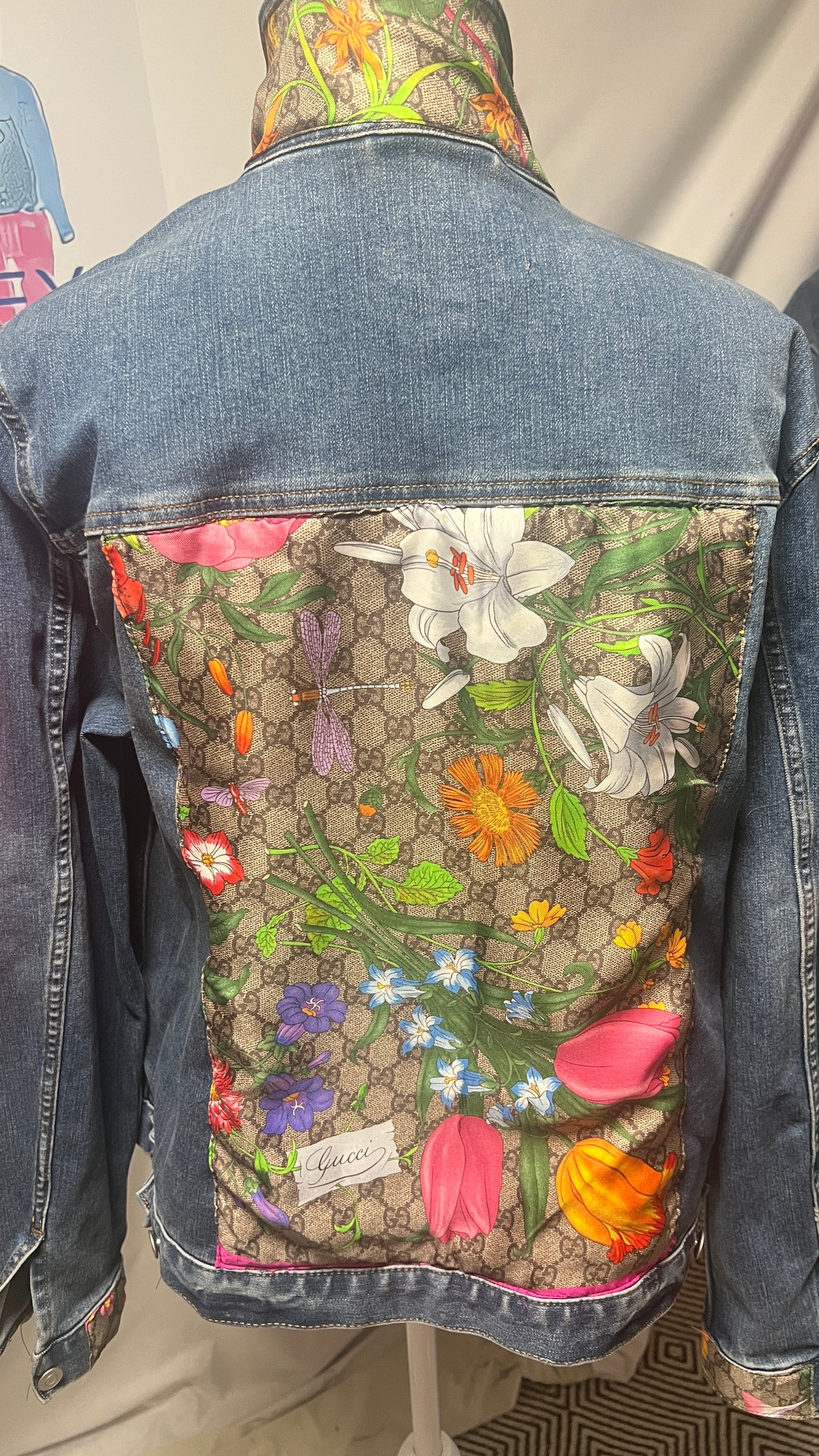 GG Designer Botanical Pink GG scarf on Blue Denim Jacket