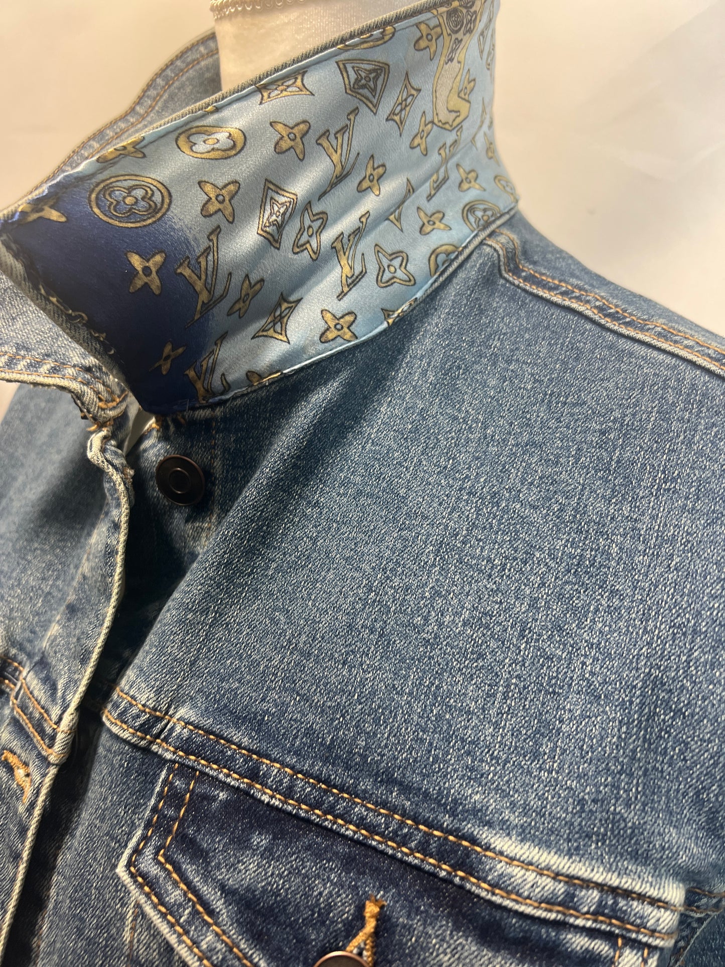 L V Map Scarf on denim Jacket LT BLUE