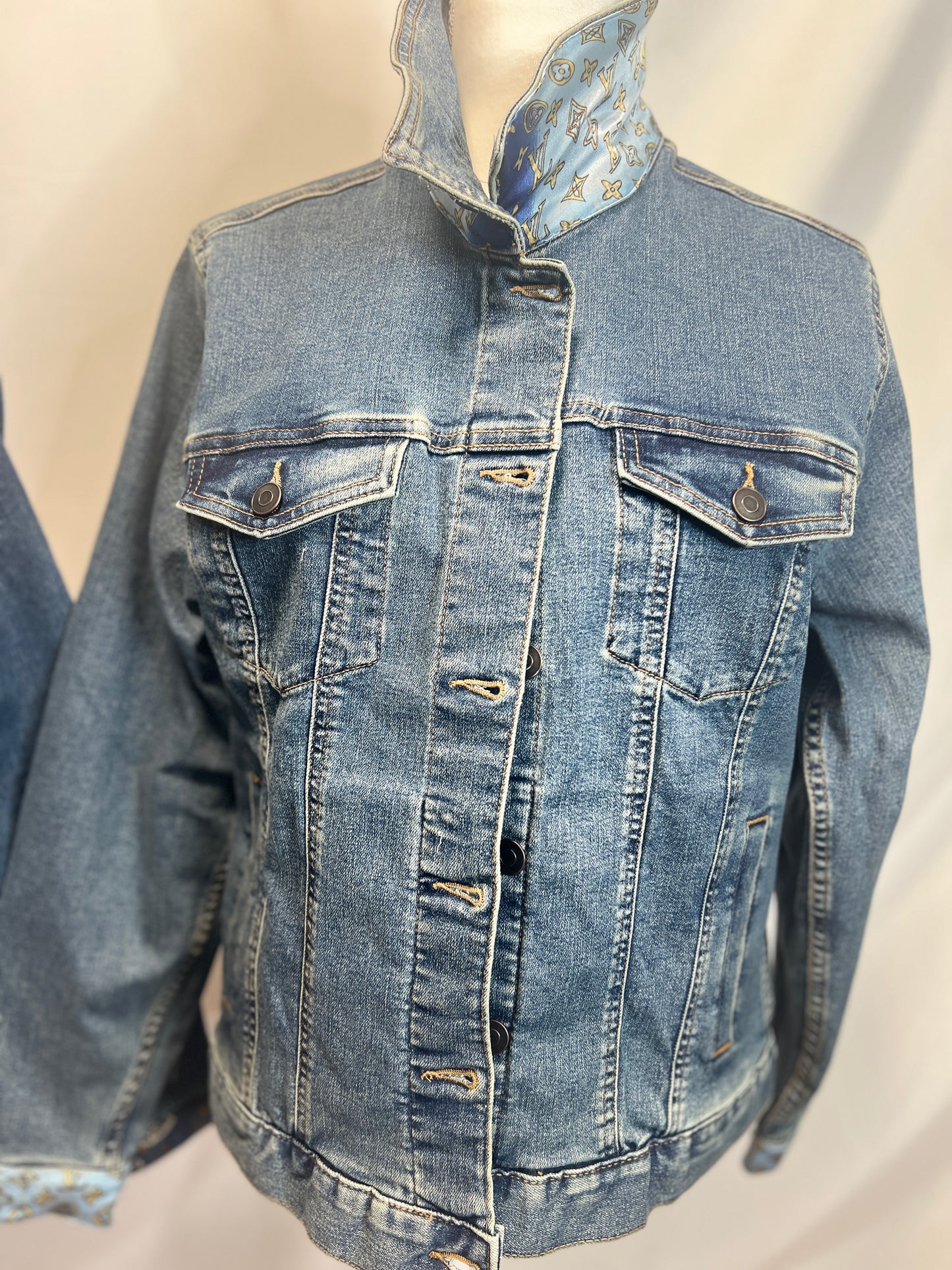 L V Map Scarf on denim Jacket LT BLUE