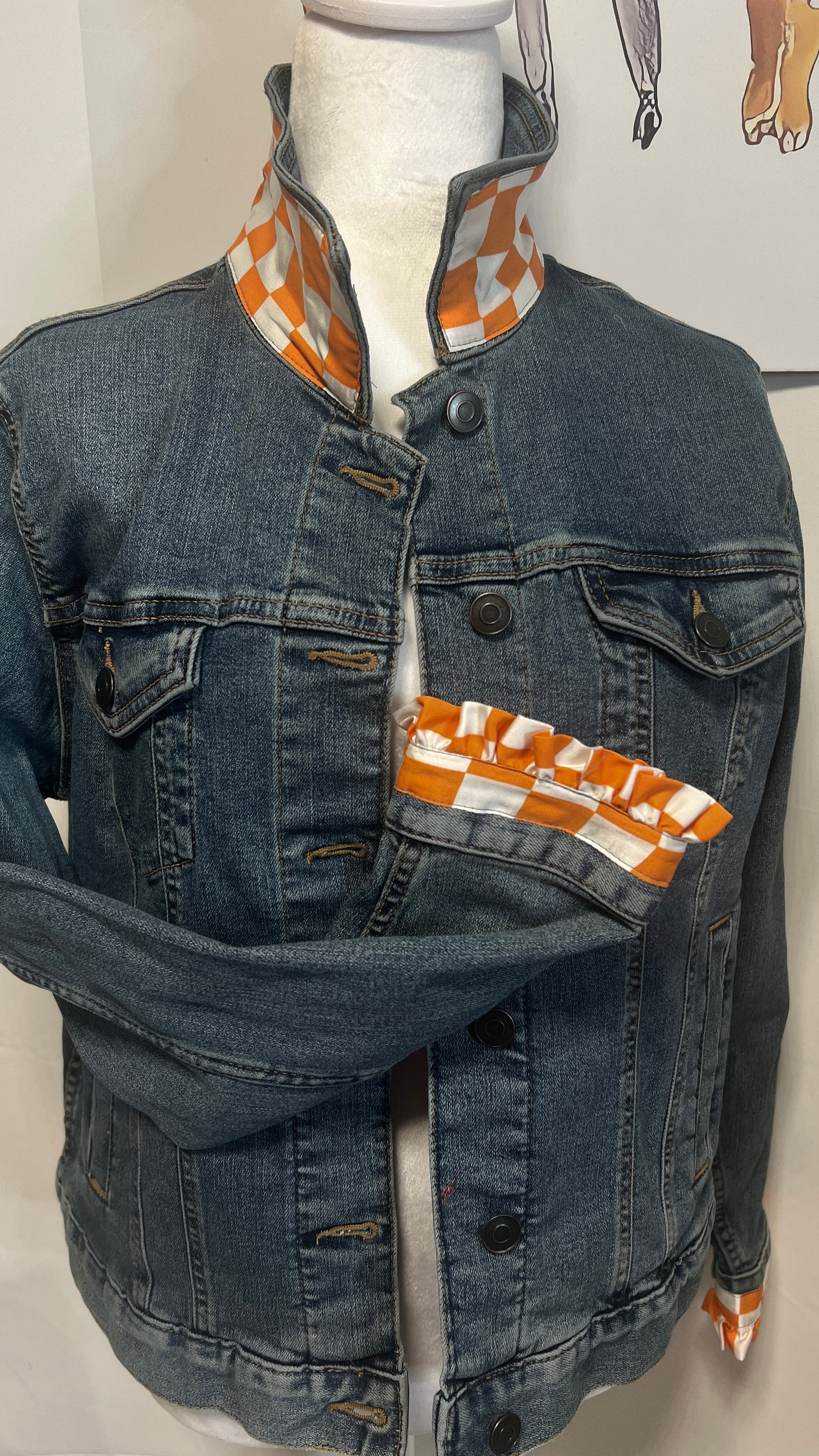 Orange and White Checkerboard Gameday Denim Jacket