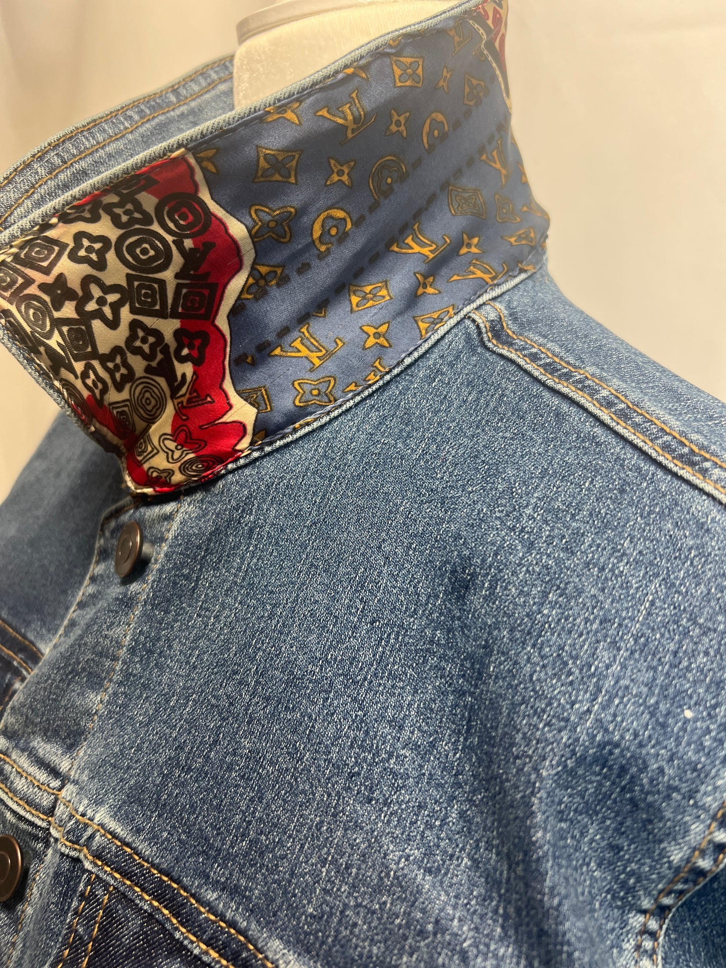 L V Map Scarf on denim Jacket DK BLUE