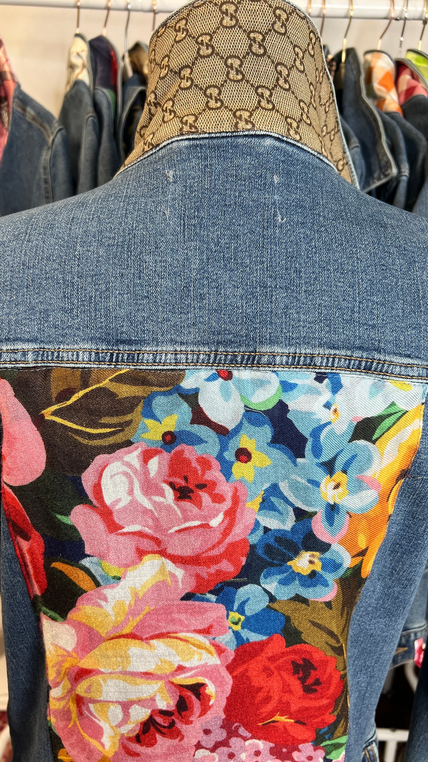 GG Designer floral scarf on Blue Denim Jacket