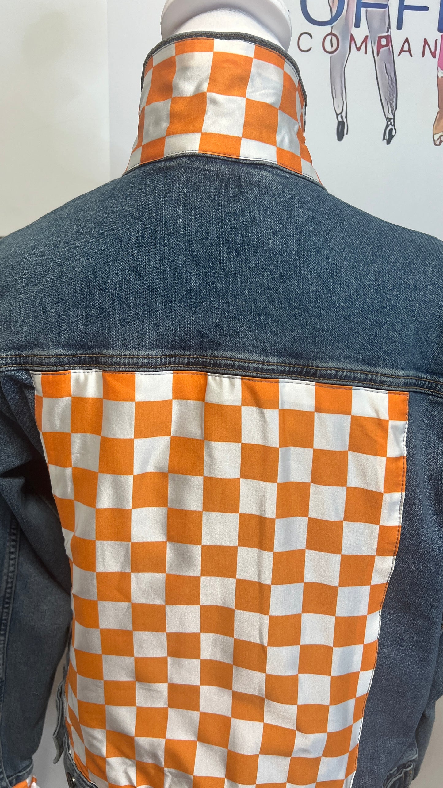 Orange and White Checkerboard Gameday Denim Jacket