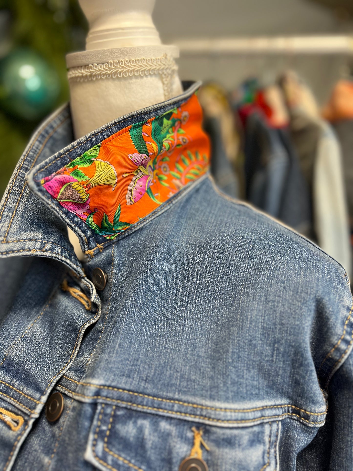 Orange Pink Green on Blue Denim GG