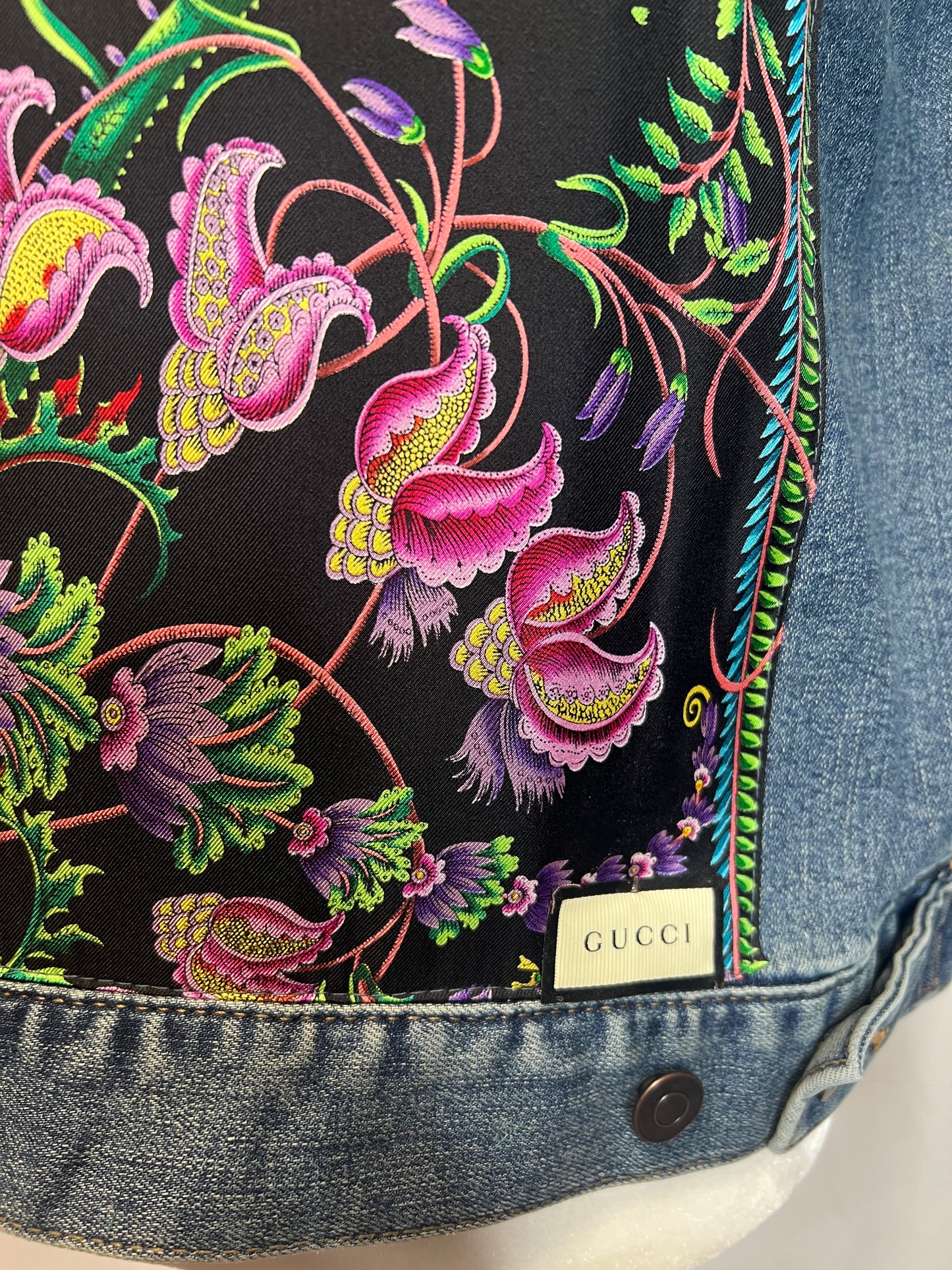 GG Designer Botanical Black Scarf on Blue Denim Jacket XXL