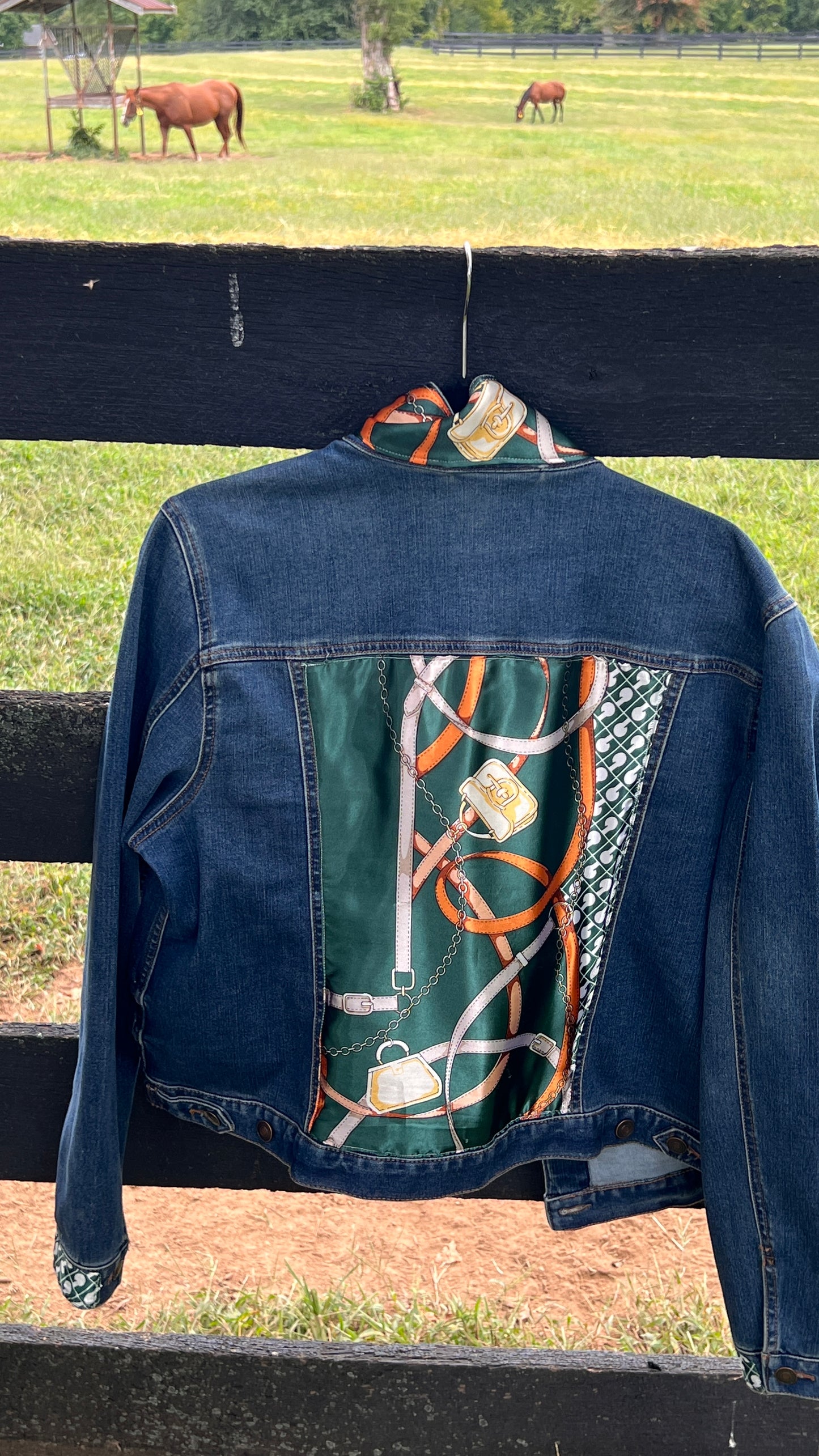 Green Bridles and Bits Scarf on Denim Jacket