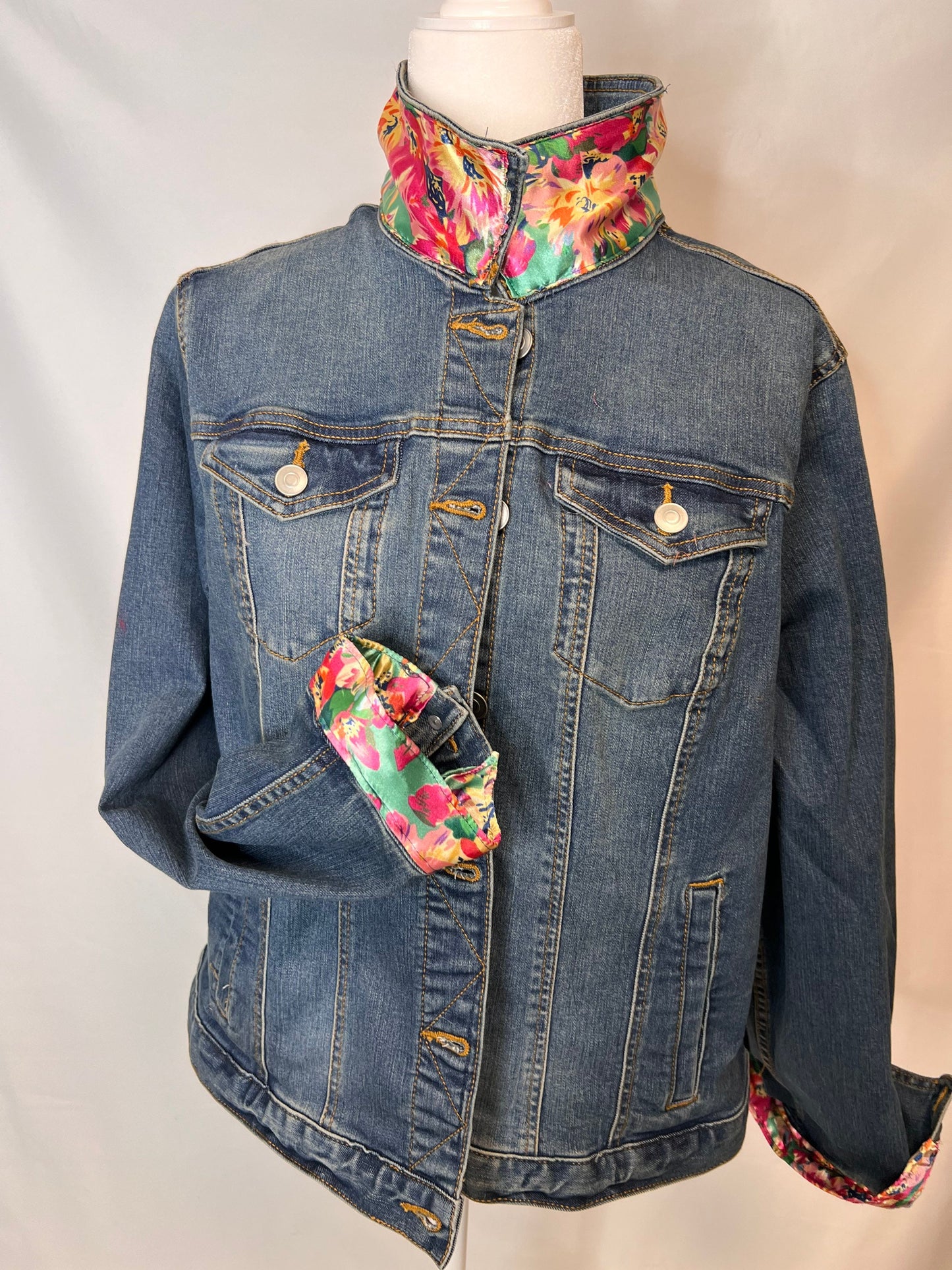 Hot Pink Floral Denim Jacket Silk Scarf Designer Scarf Jean Jacket