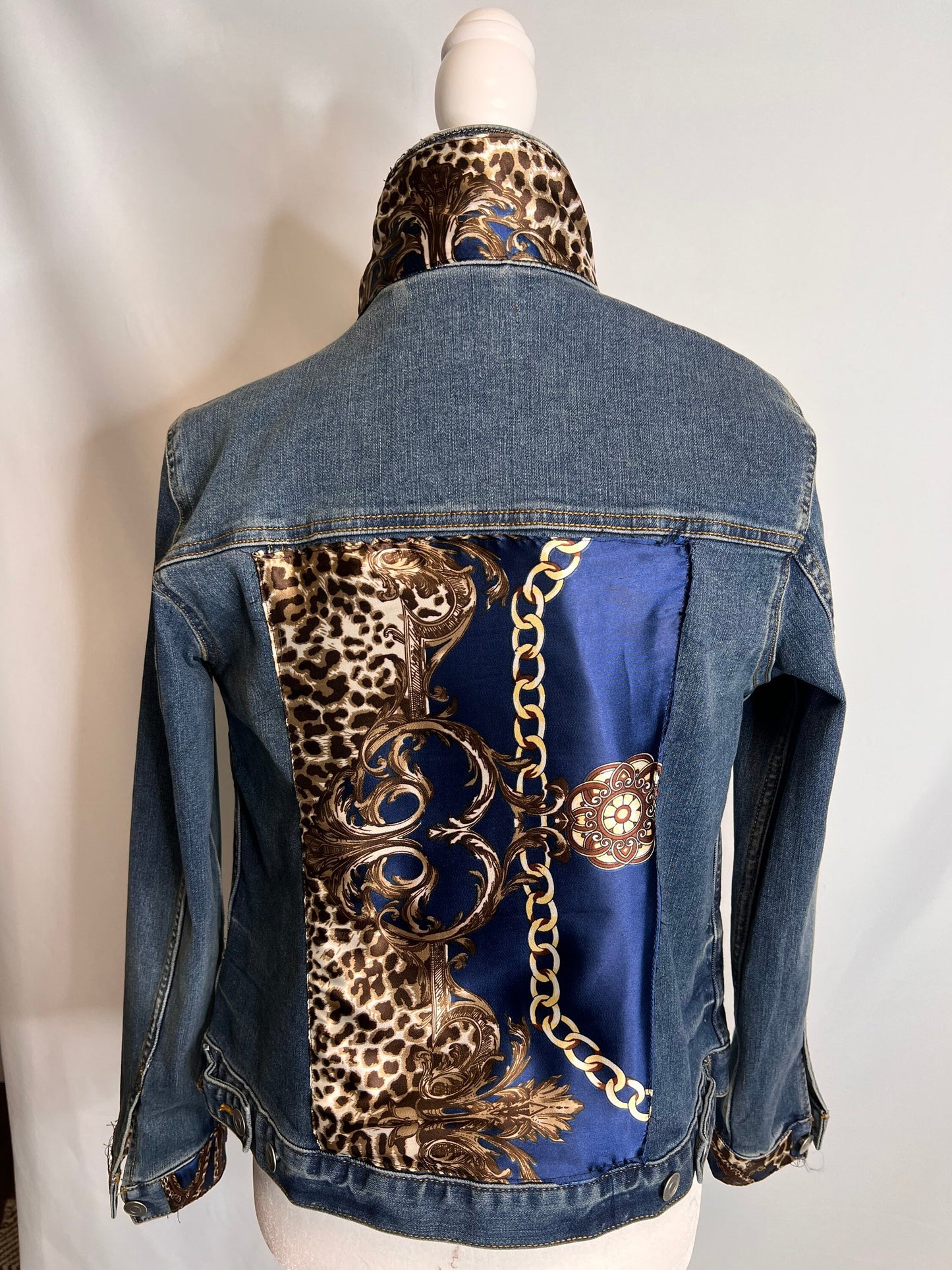 Blue, Gold and Leopard Print Scarf on Denim Jacket