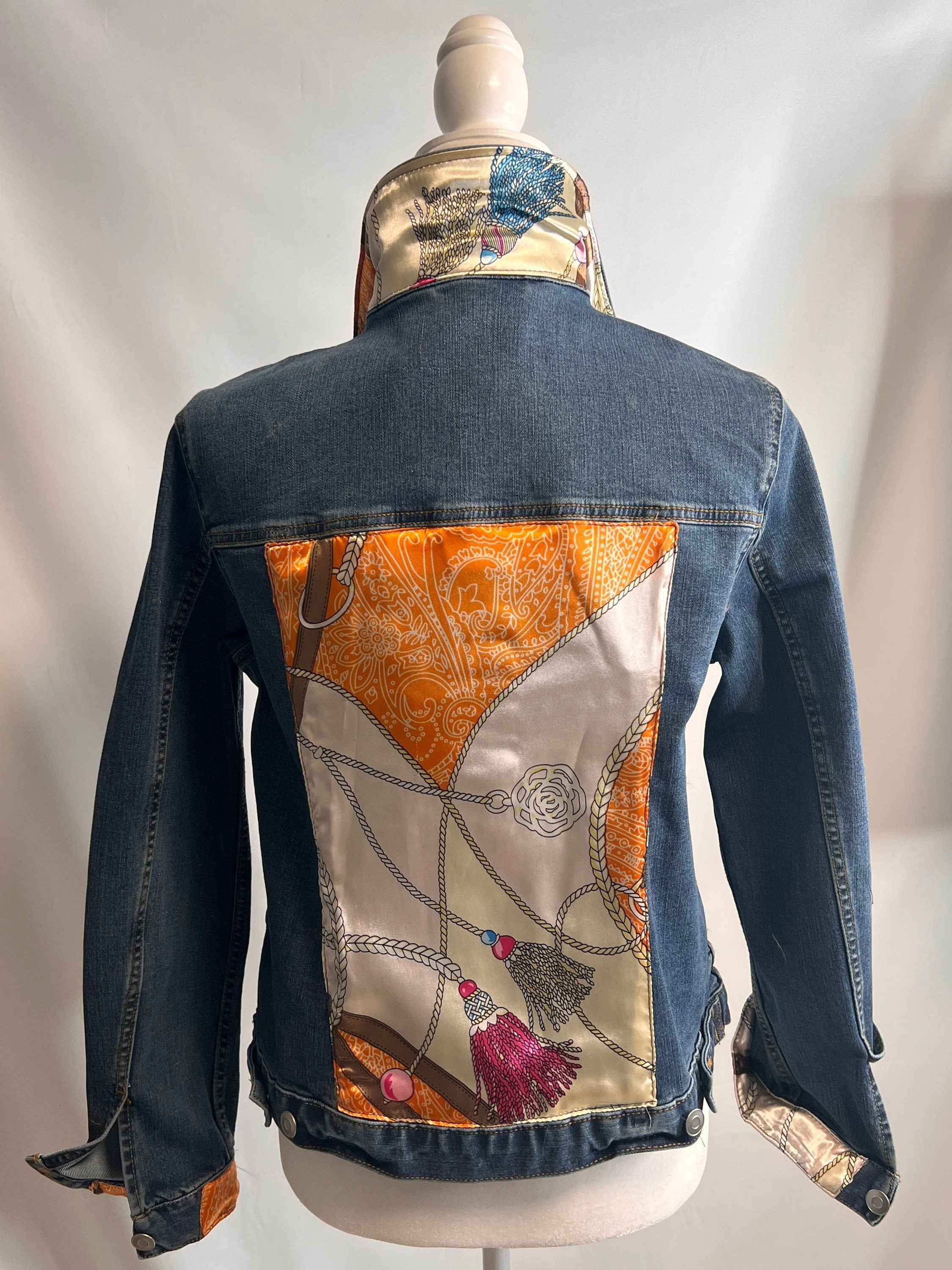 J. Crew distressed denim jacket with Ferragamo silk scarf, how to