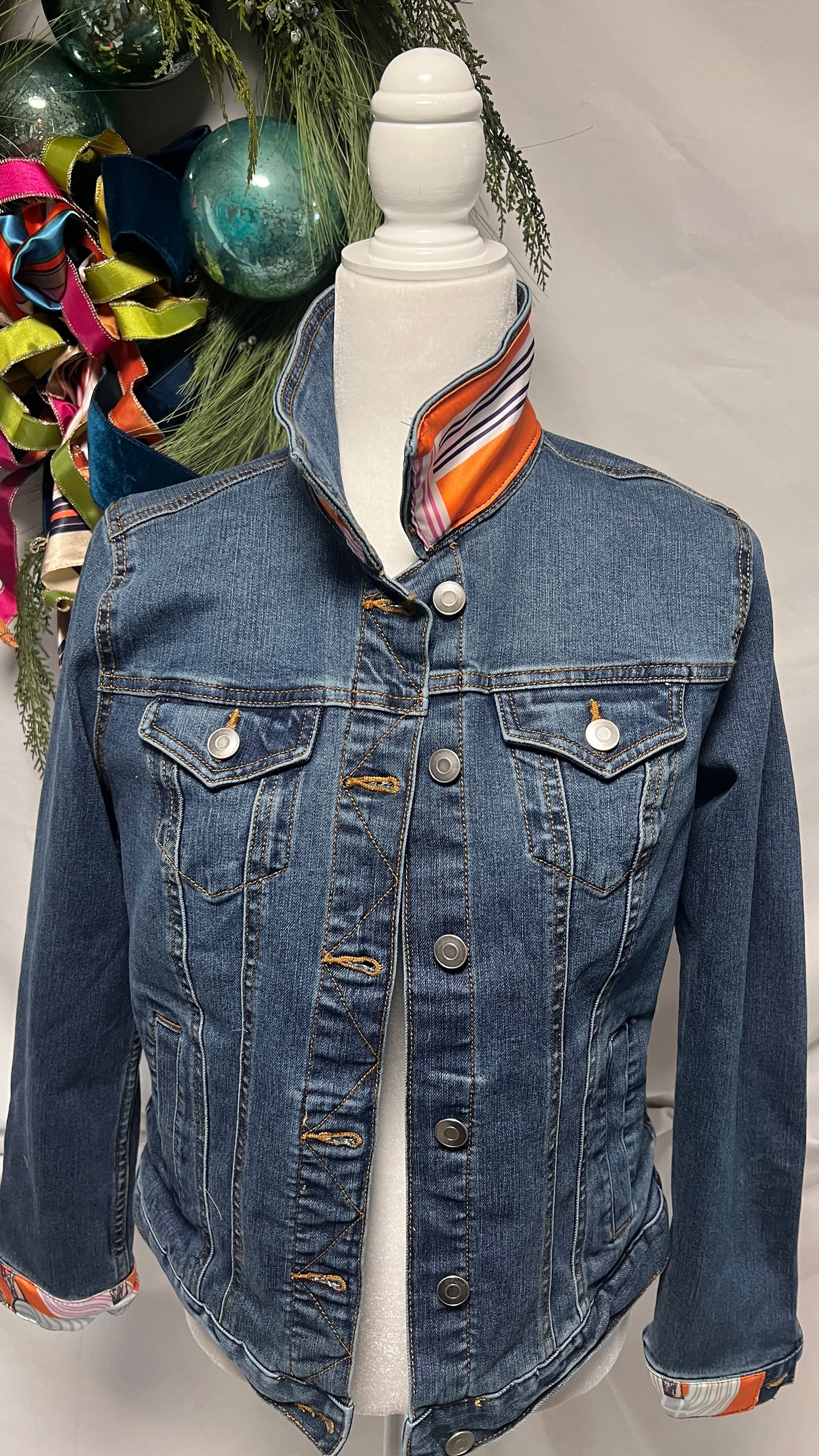 Horse Track French Scarf Classic Equestrian Orange blue Denim Jacket