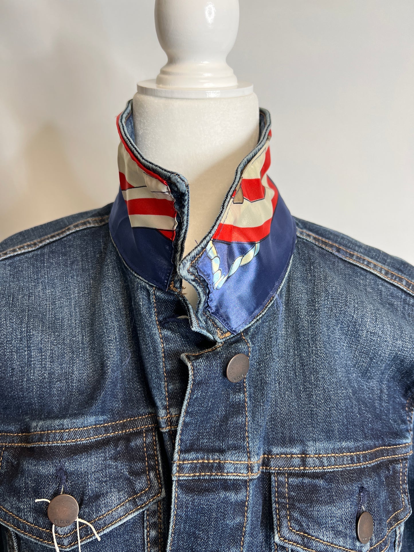 Watercolor Horses scarf on denim jacket