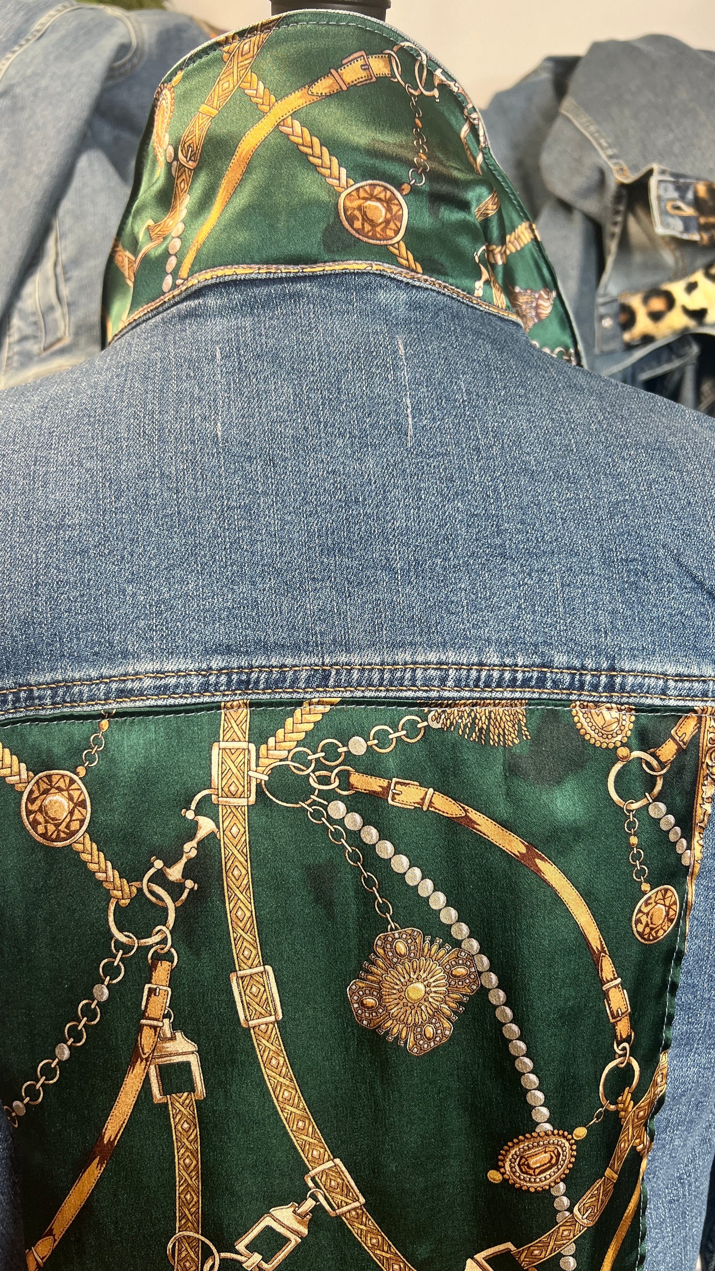 Green Bridles and Bits Scarf on Denim Jacket