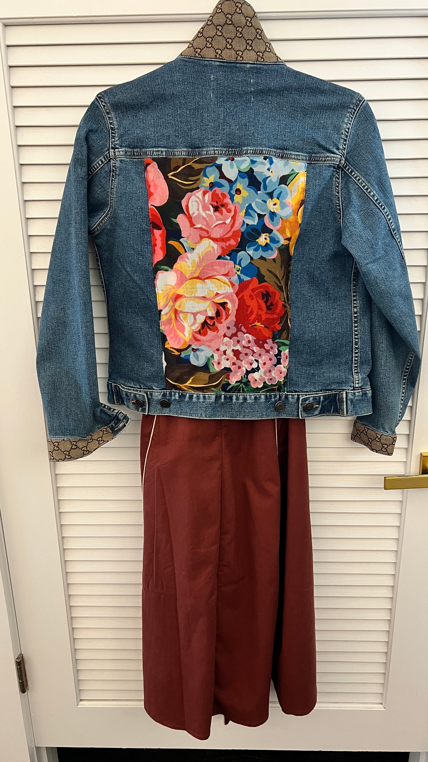 GG Designer floral scarf  on Blue Denim Jacket