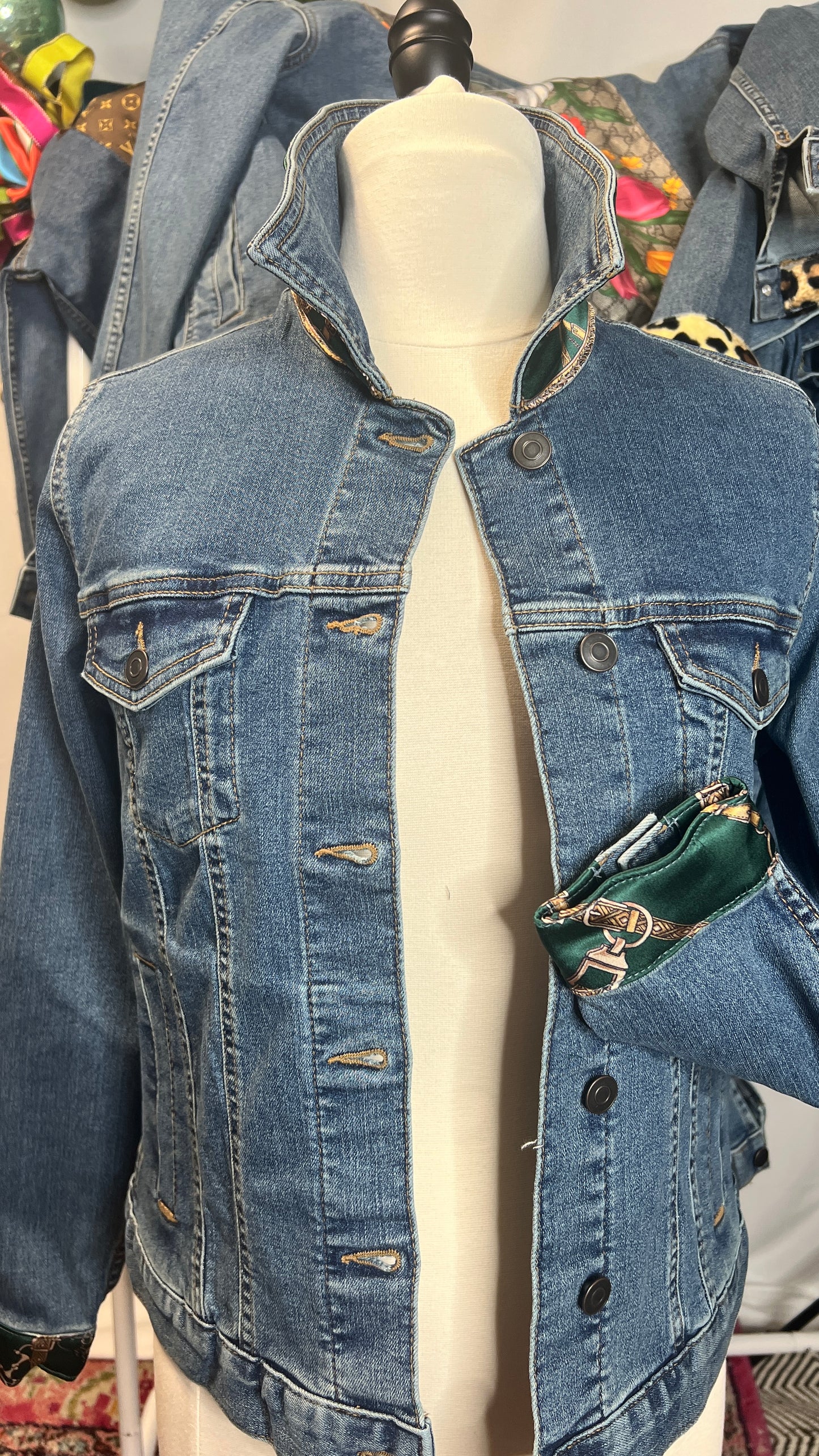 Green Bridles and Bits Scarf on Denim Jacket