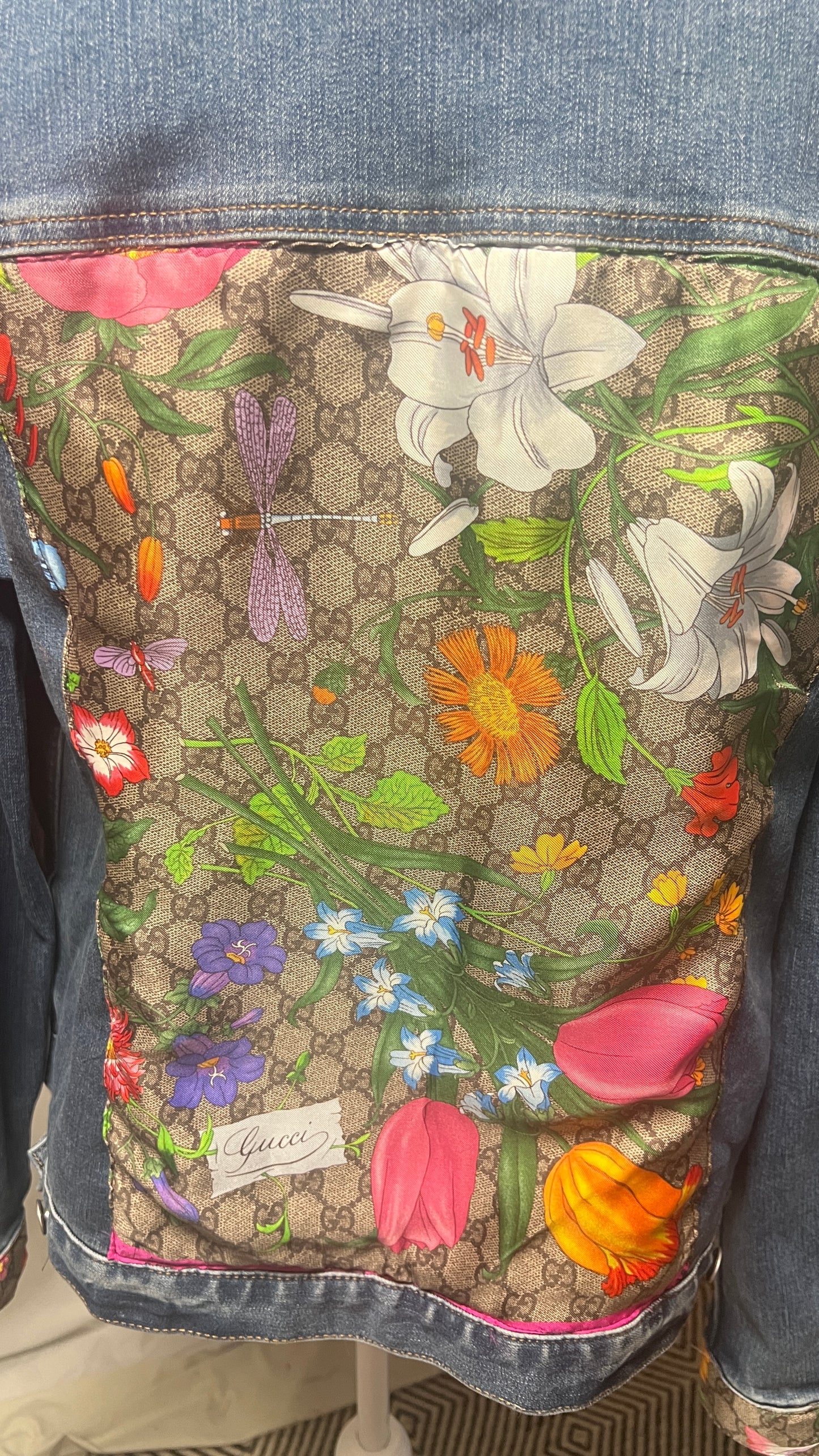 GG Designer Botanical Pink GG scarf on Blue Denim Jacket
