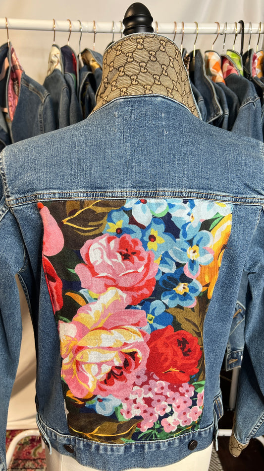 GG Designer floral scarf  on Blue Denim Jacket