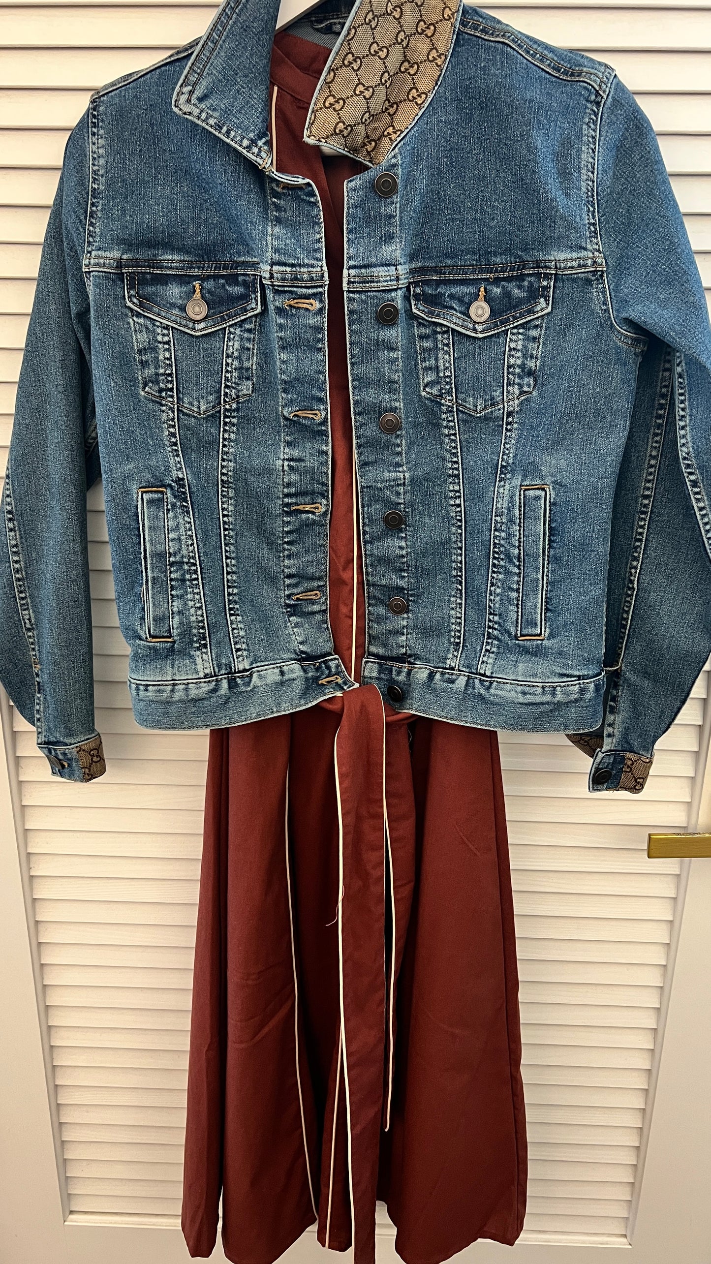 GG Designer floral scarf  on Blue Denim Jacket