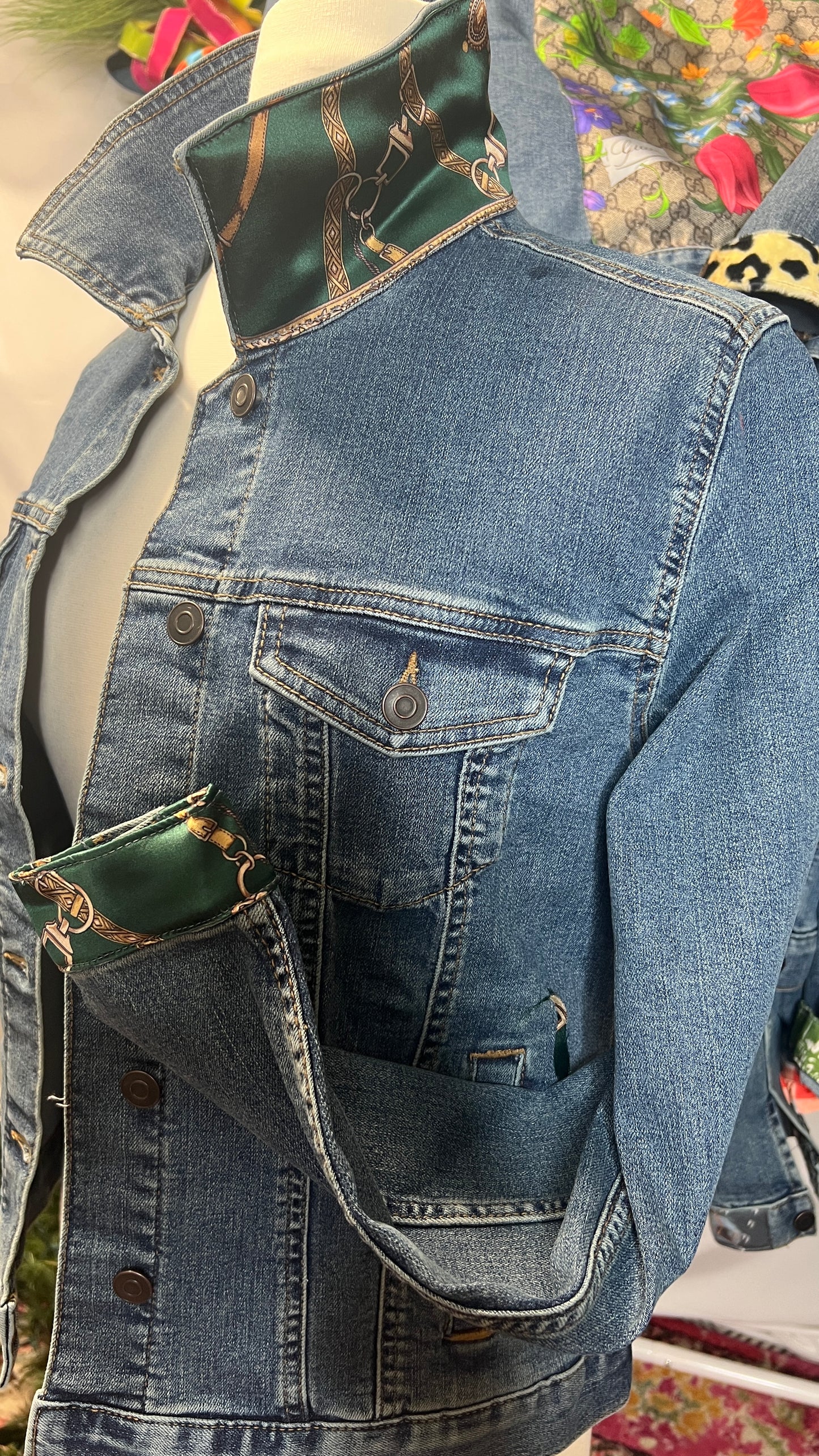 Green Bridles and Bits Scarf on Denim Jacket