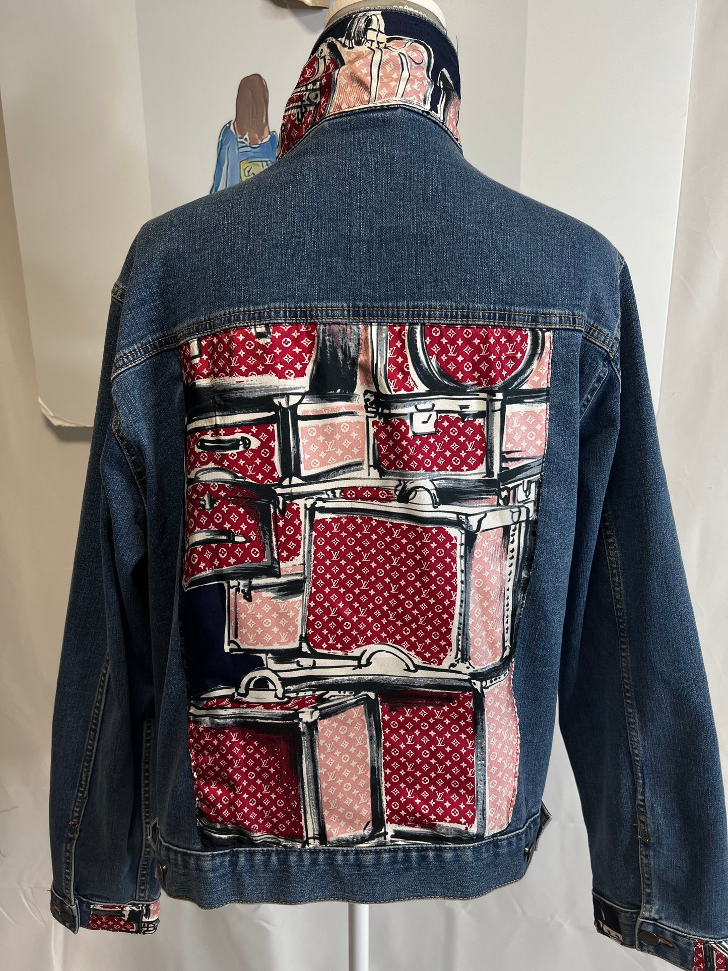 LV Trunks and Bags Red and Navy Scarf on denim Jacket