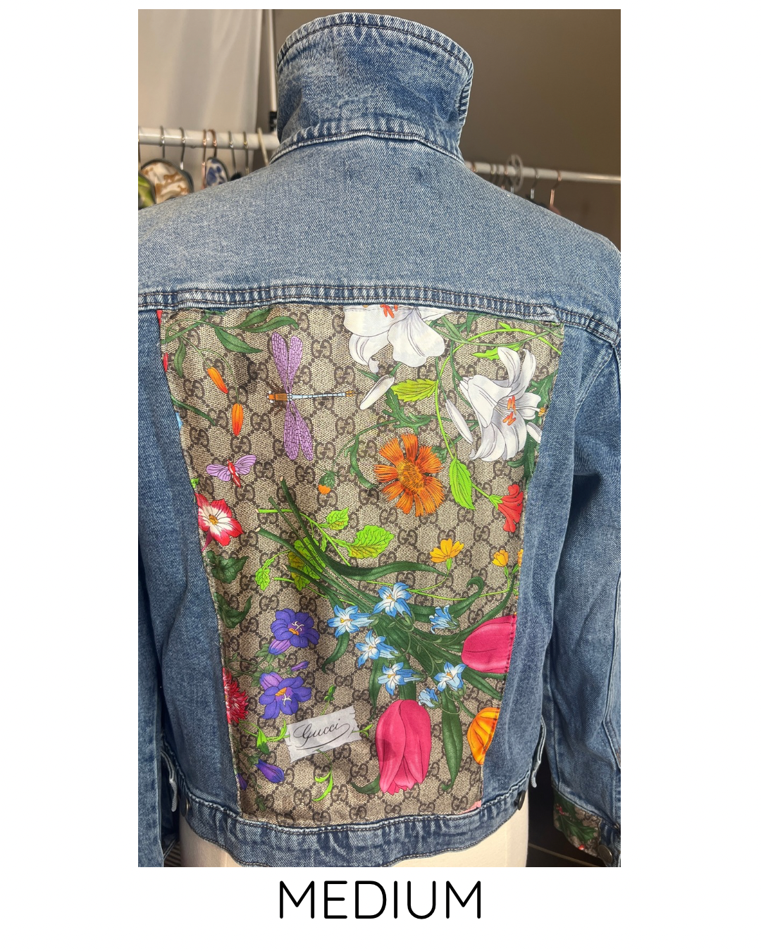 GG Designer Botanical Pink GG scarf on Blue Denim Jacket