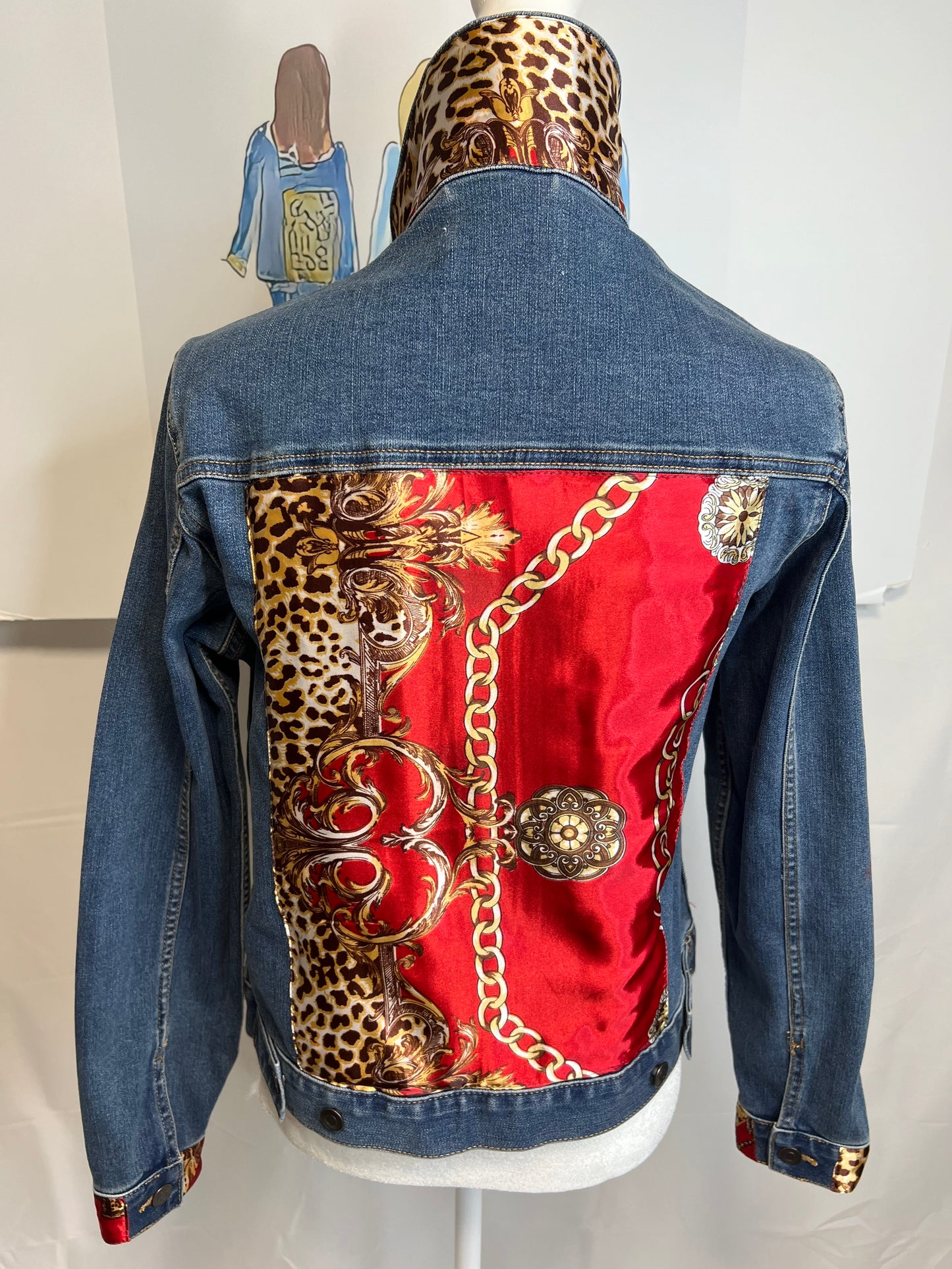 Red, Gold and Leopard Print Denim Jacket