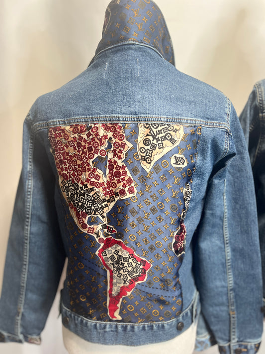 L V Map Scarf on denim Jacket DK BLUE