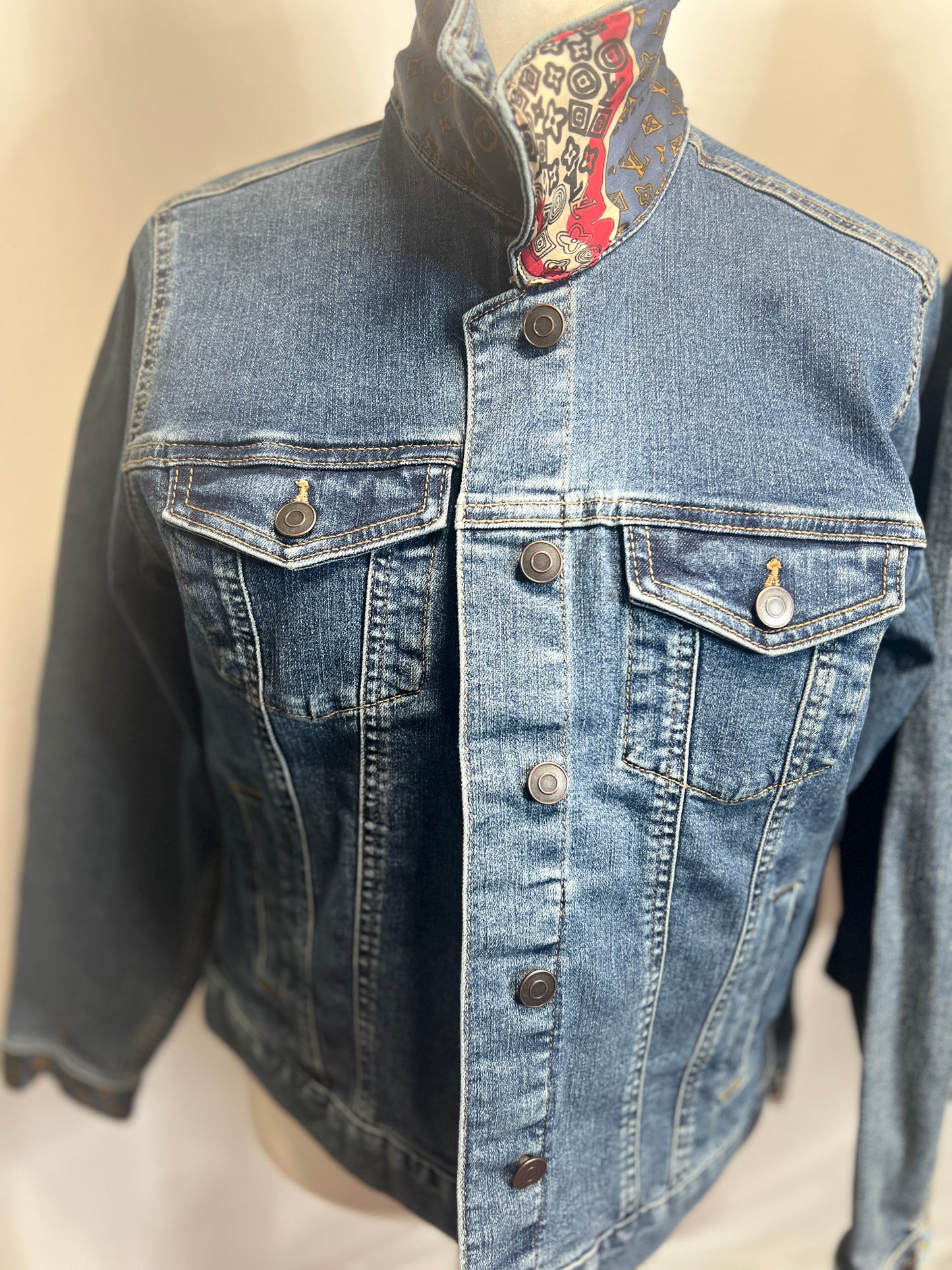 L V Map Scarf on denim Jacket DK BLUE
