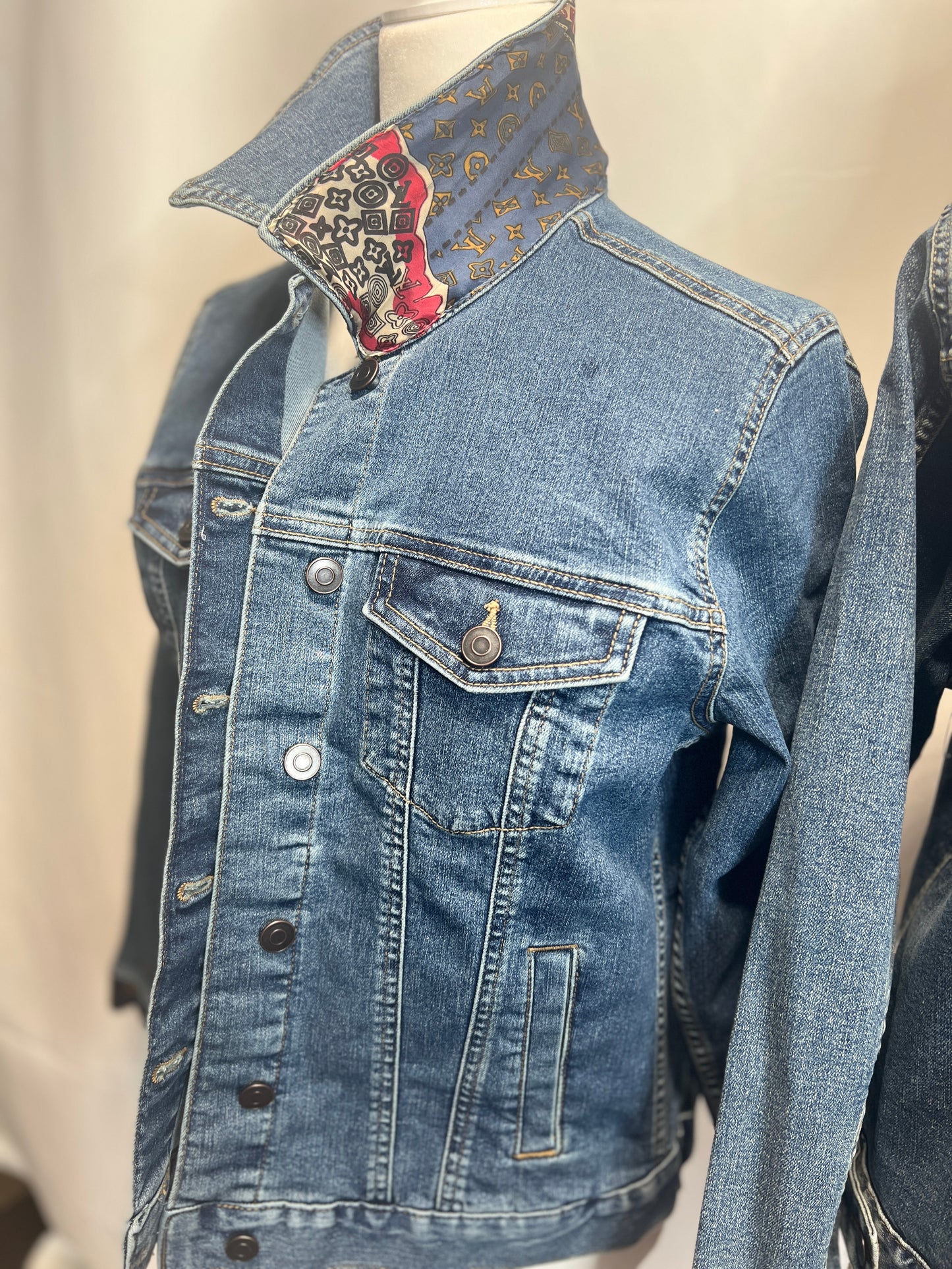 L V Map Scarf on denim Jacket DK BLUE