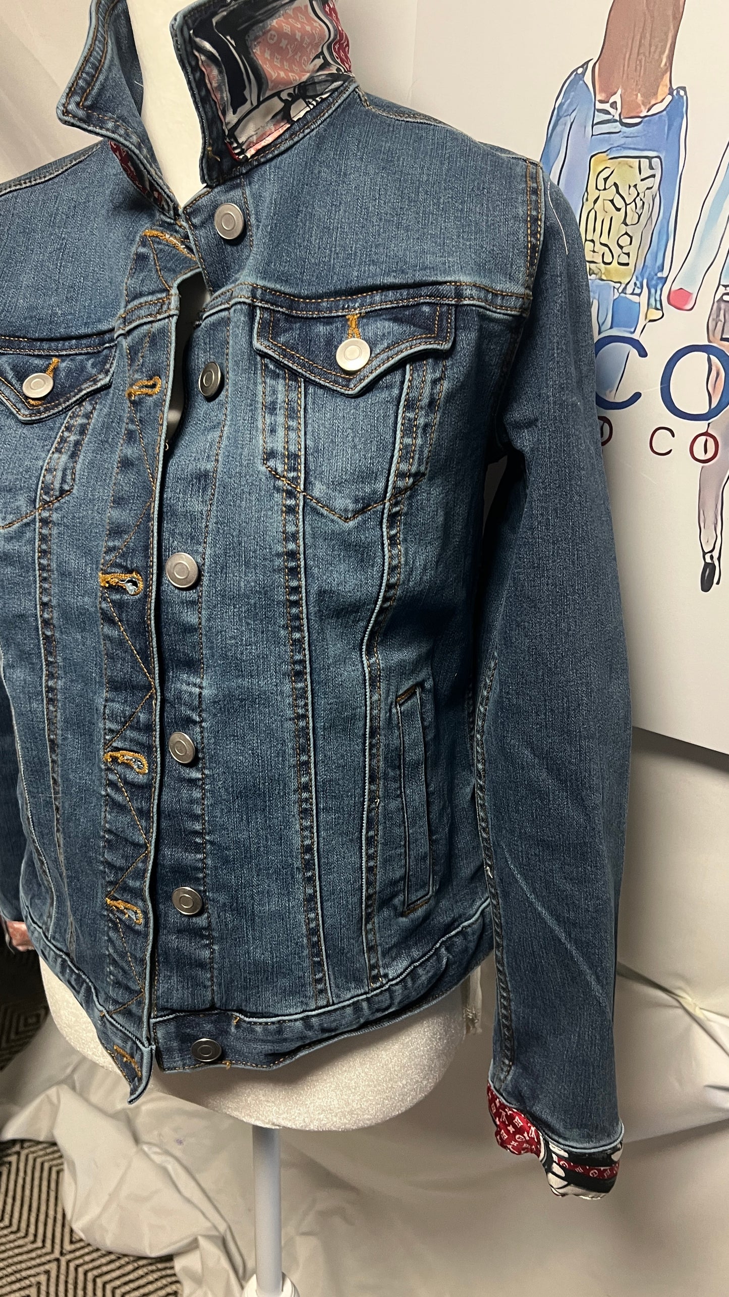LV Trunks and Bags Red and Navy Scarf on denim Jacket