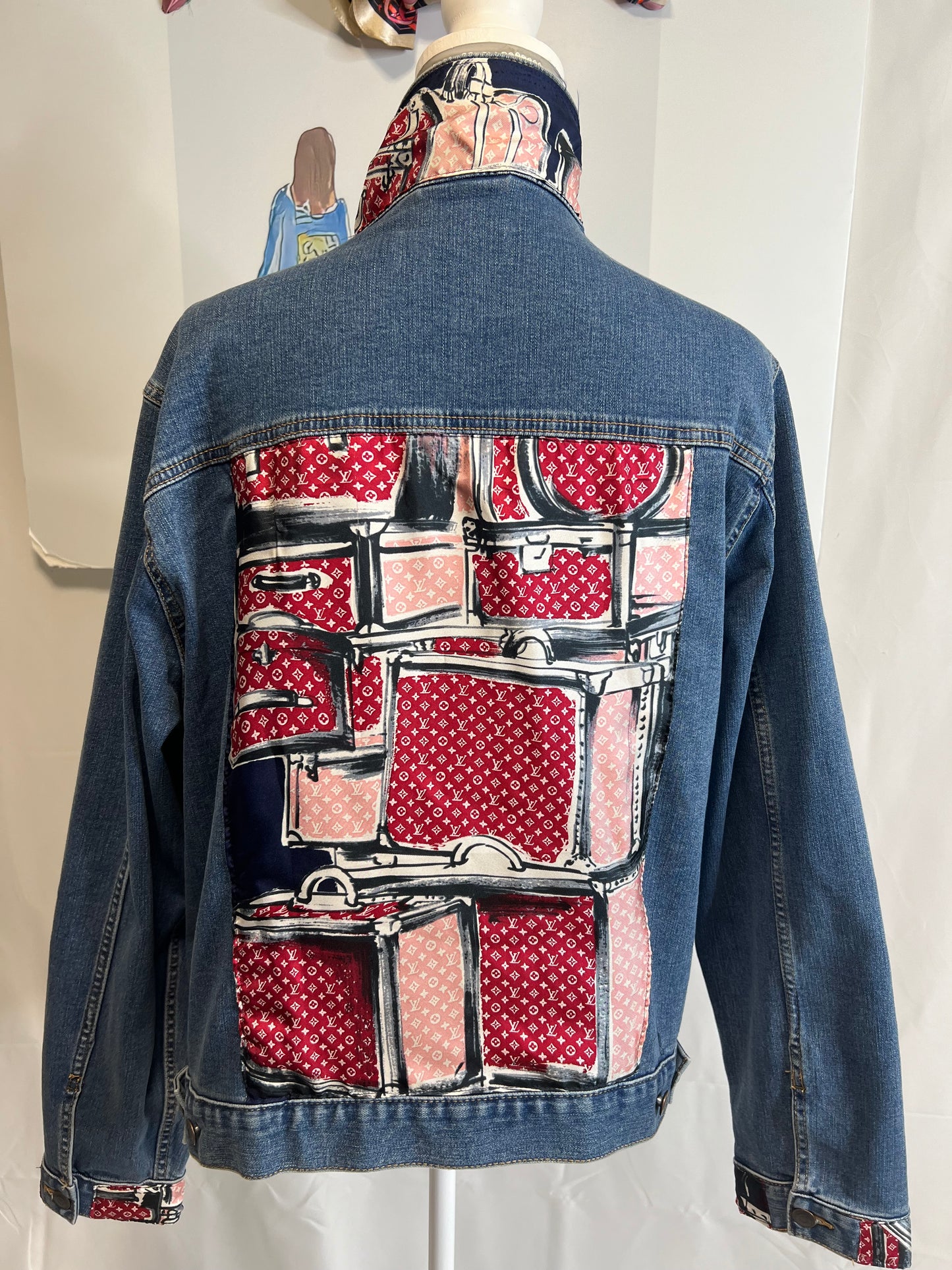 LV Trunks and Bags Red and Navy Scarf on denim Jacket