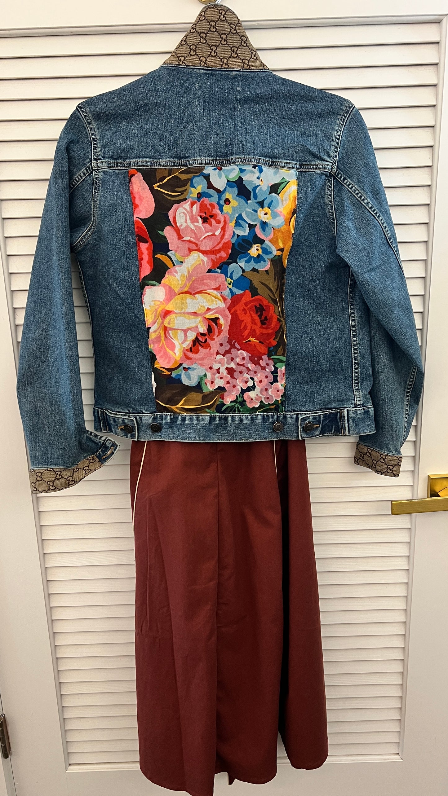 GG Designer floral scarf  on Blue Denim Jacket
