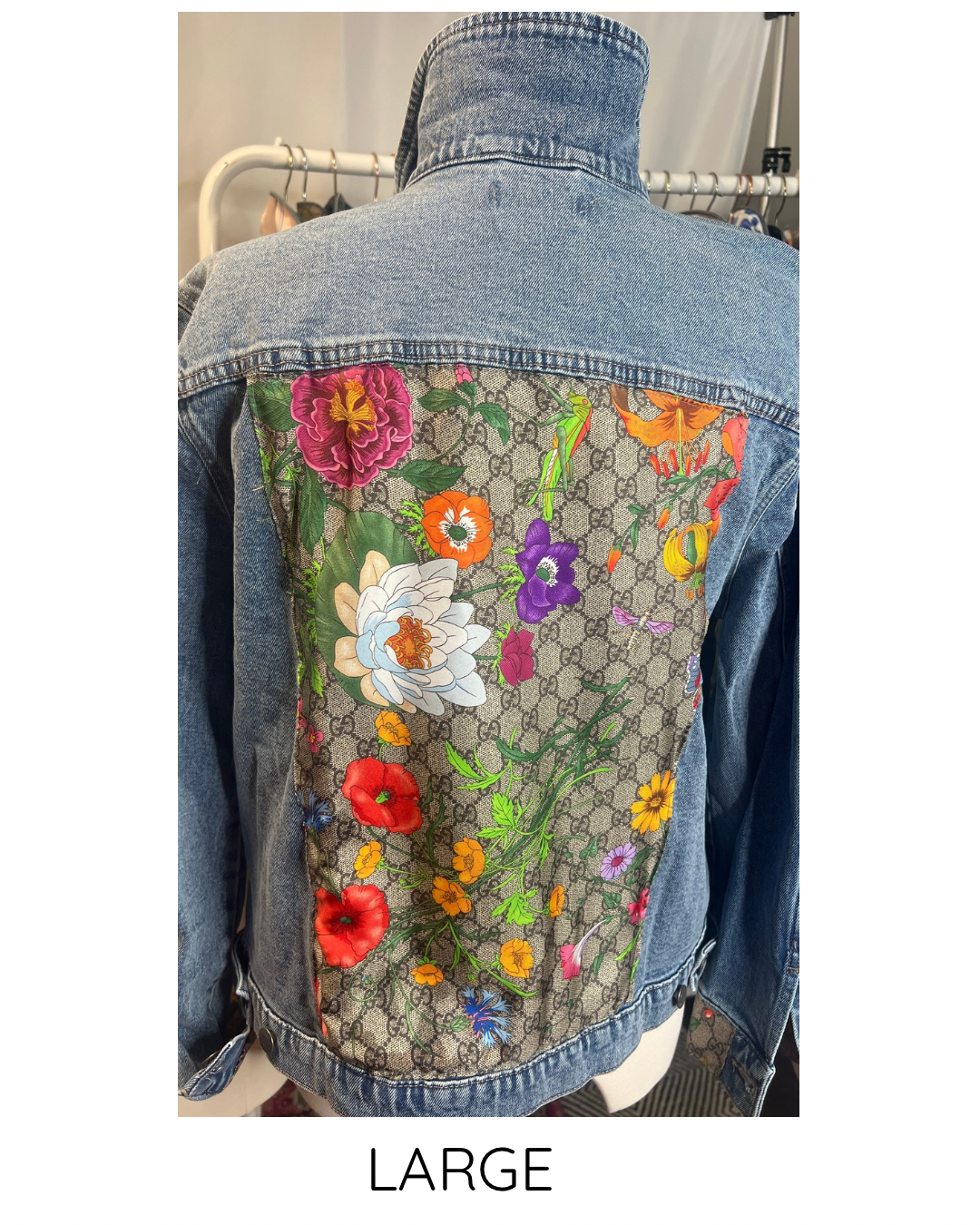 GG Designer Botanical Pink GG scarf on Blue Denim Jacket