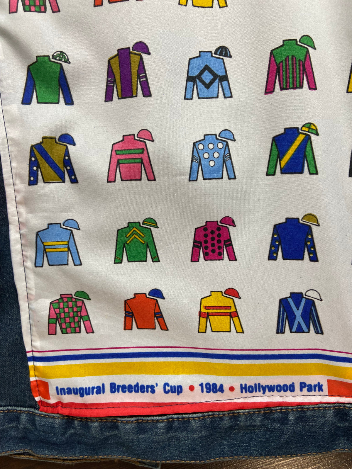 Vintage Breeders Cup Scarf 1984 on a blue denim jacket all sizes available. Scarf Equestrian Designer jockey silk. Kentucky Derby Breeders Cup