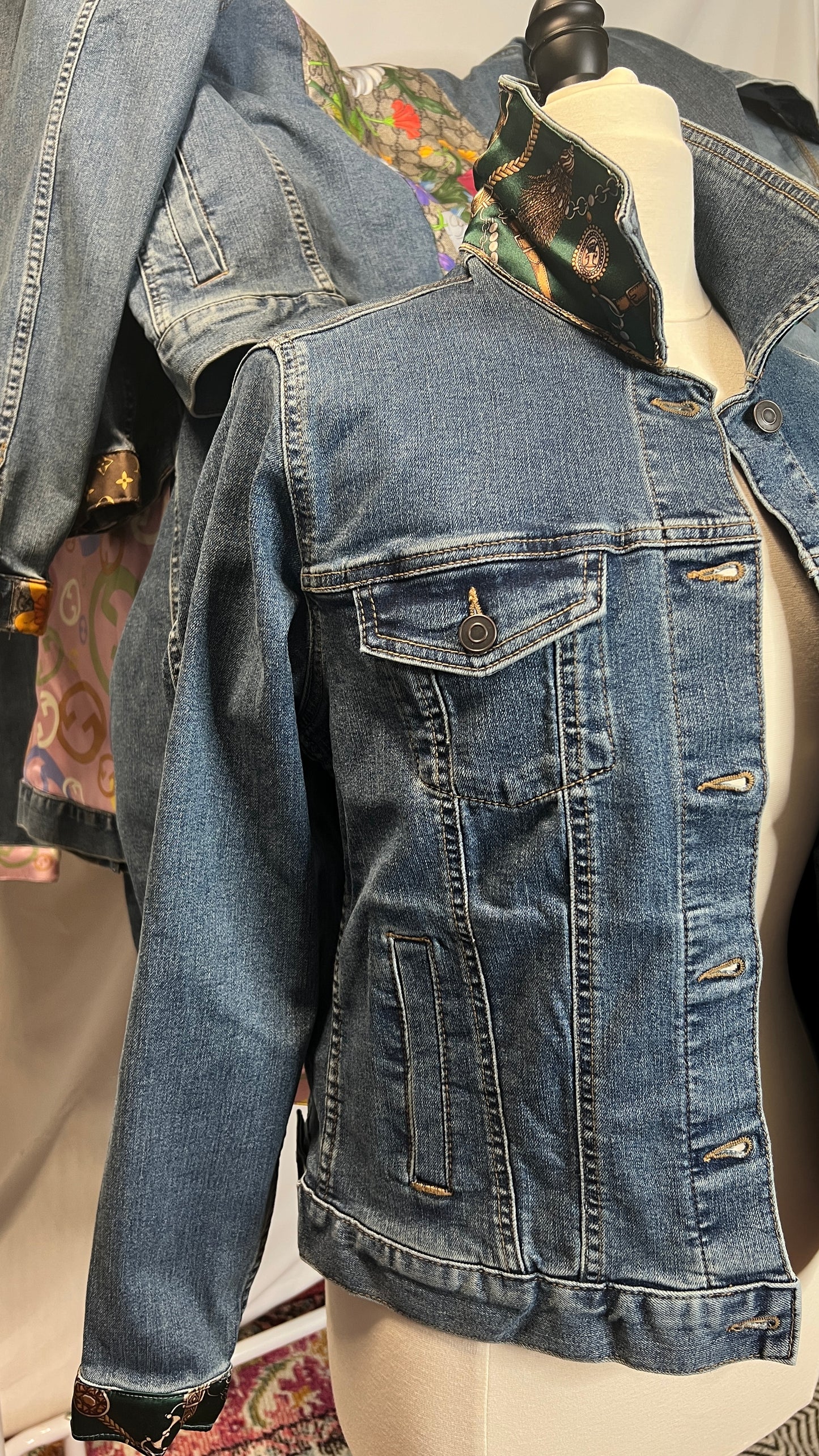 Green Bridles and Bits Scarf on Denim Jacket