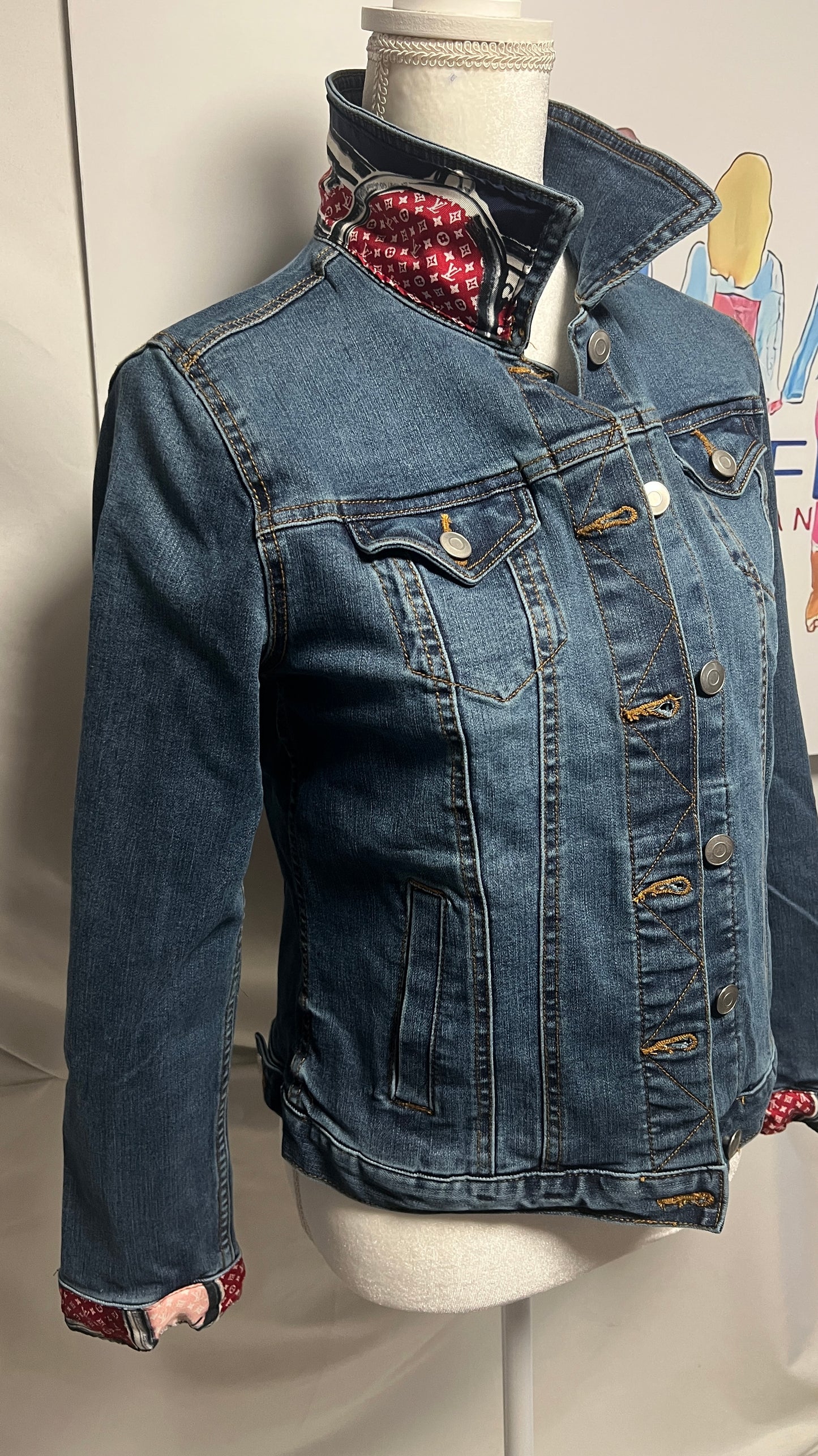 LV Trunks and Bags Red and Navy Scarf on denim Jacket