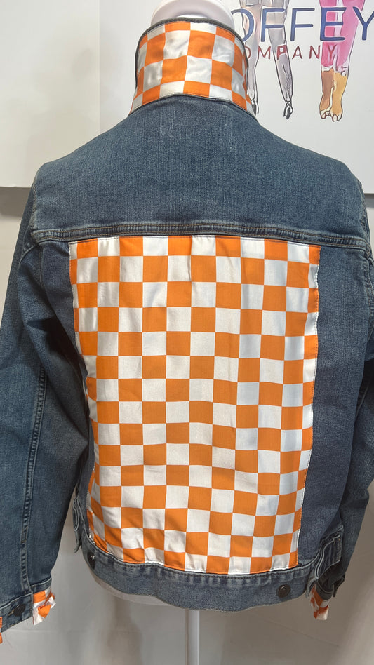 Orange and White Checkerboard  Gameday Denim Jacket