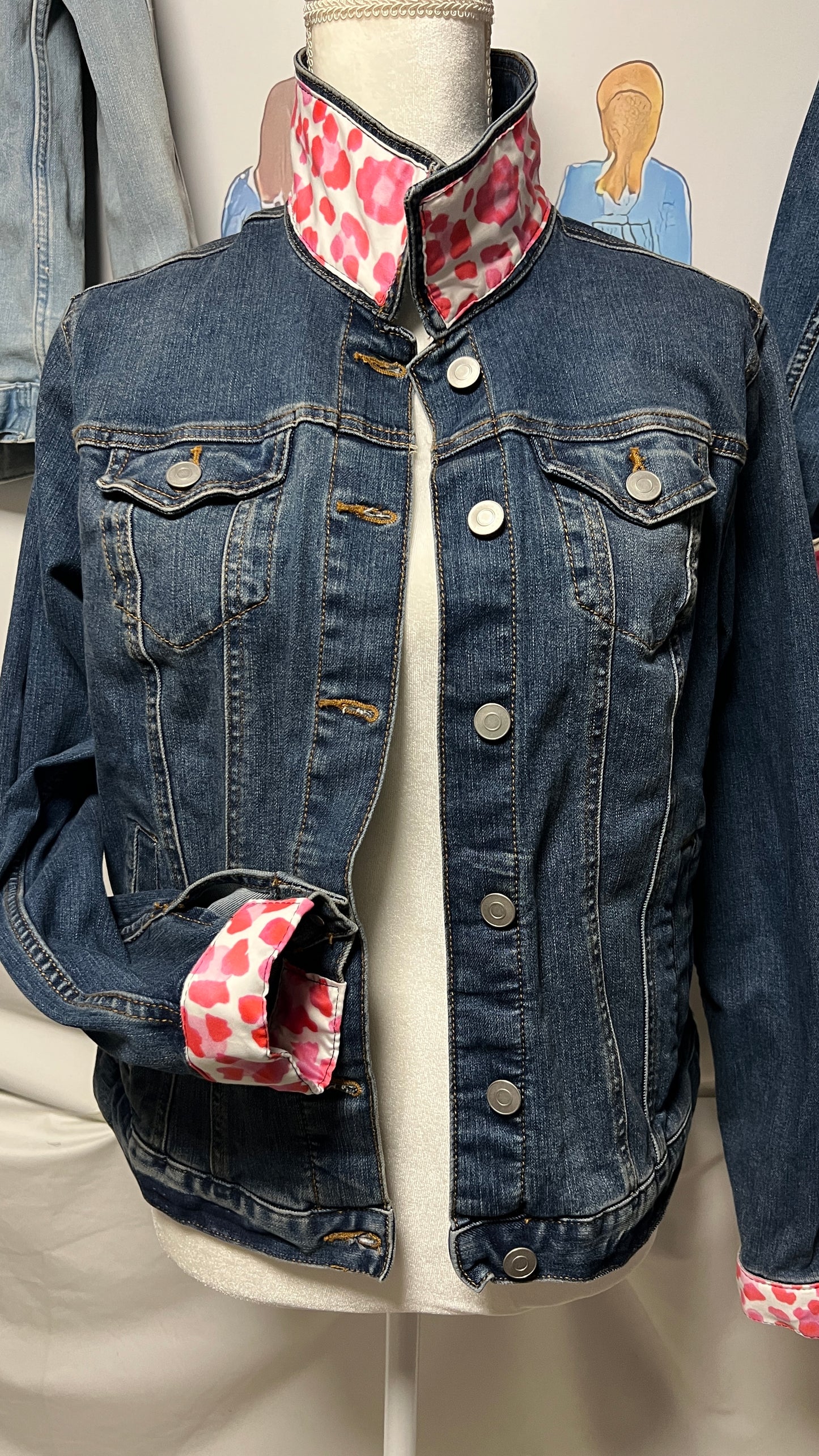 Pink and White Leopard Print on Denim Jacket