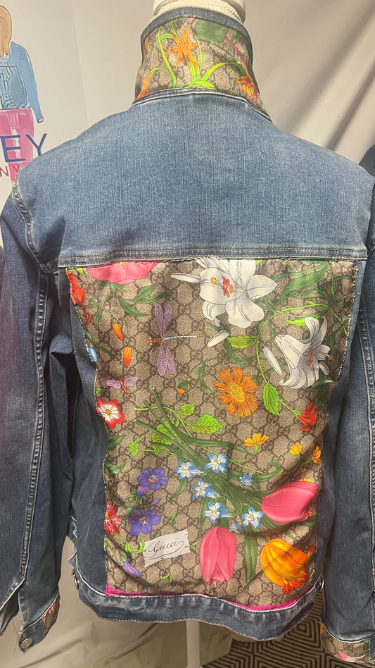 GG Designer Botanical Pink GG scarf on Blue Denim Jacket