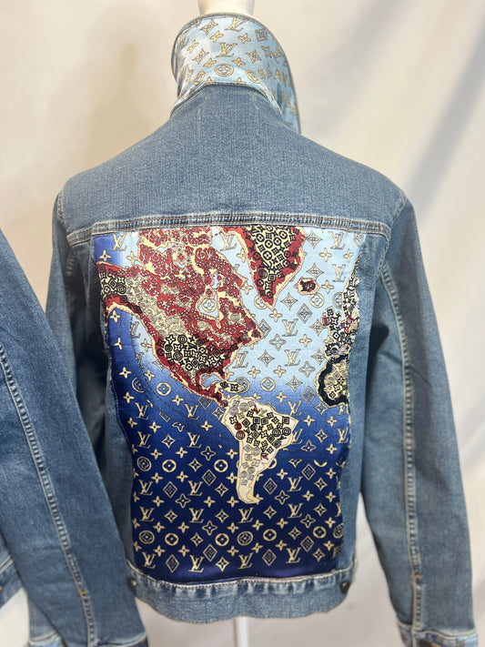 L V Map Scarf on denim Jacket LT BLUE