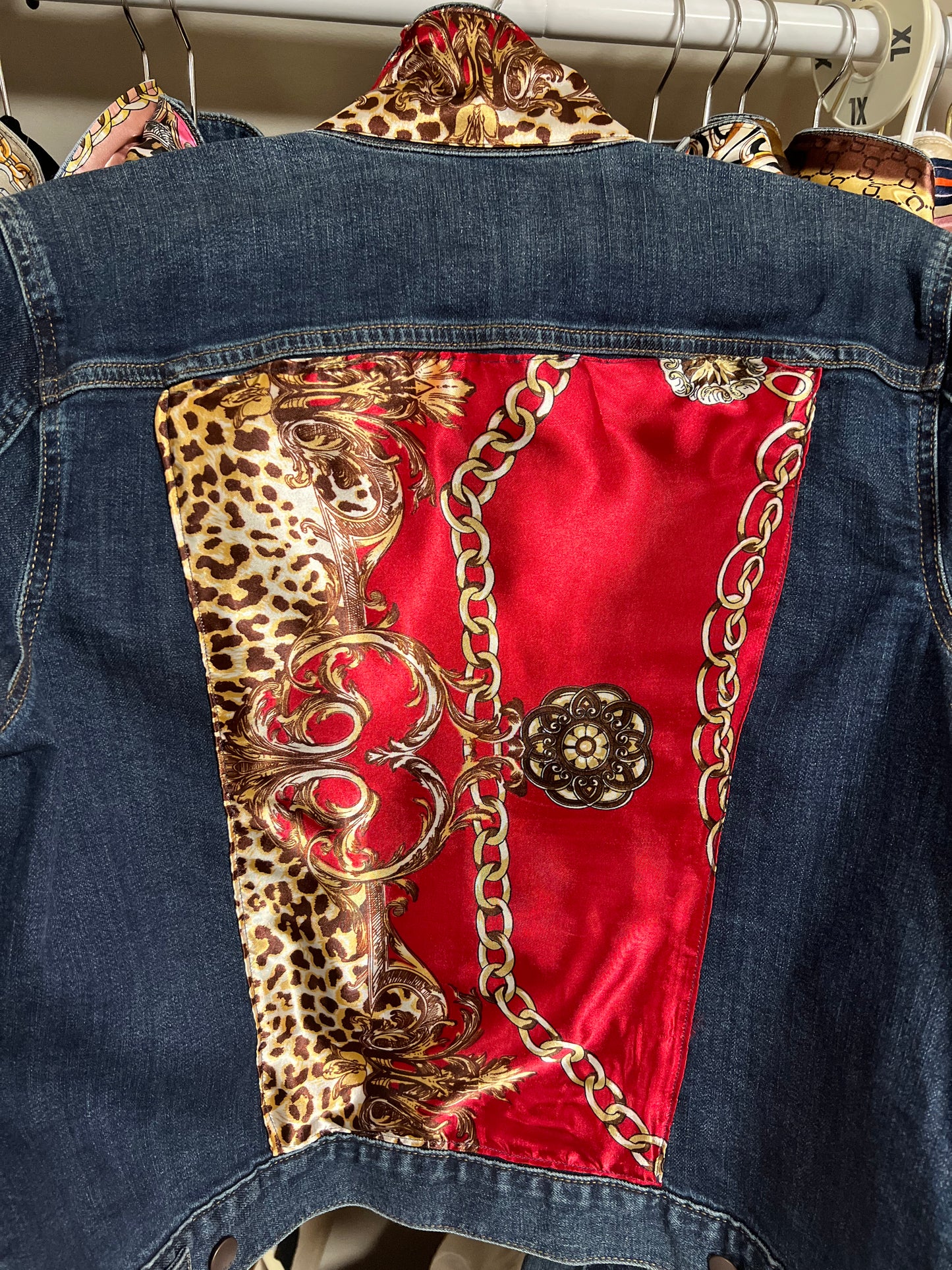 Red, Gold and Leopard Print Denim Jacket