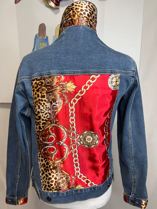 Red, Gold and Leopard Print Denim Jacket
