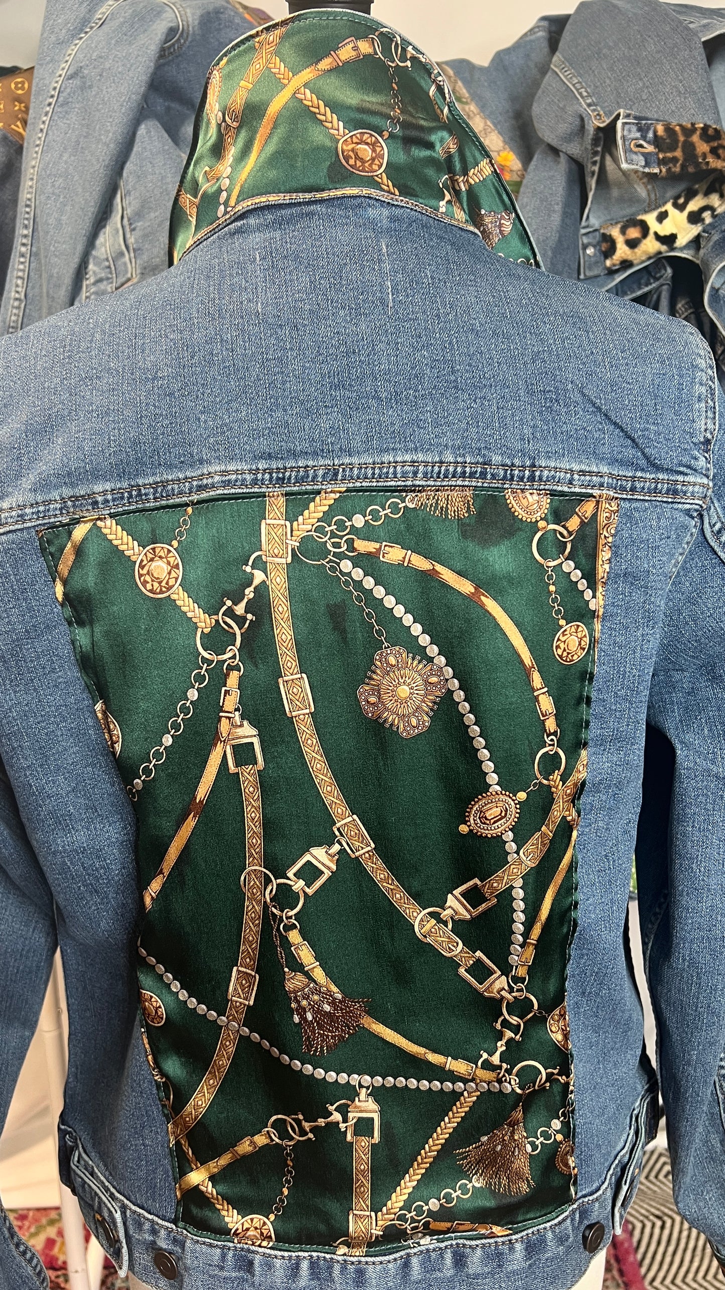 Green Bridles and Bits Scarf on Denim Jacket