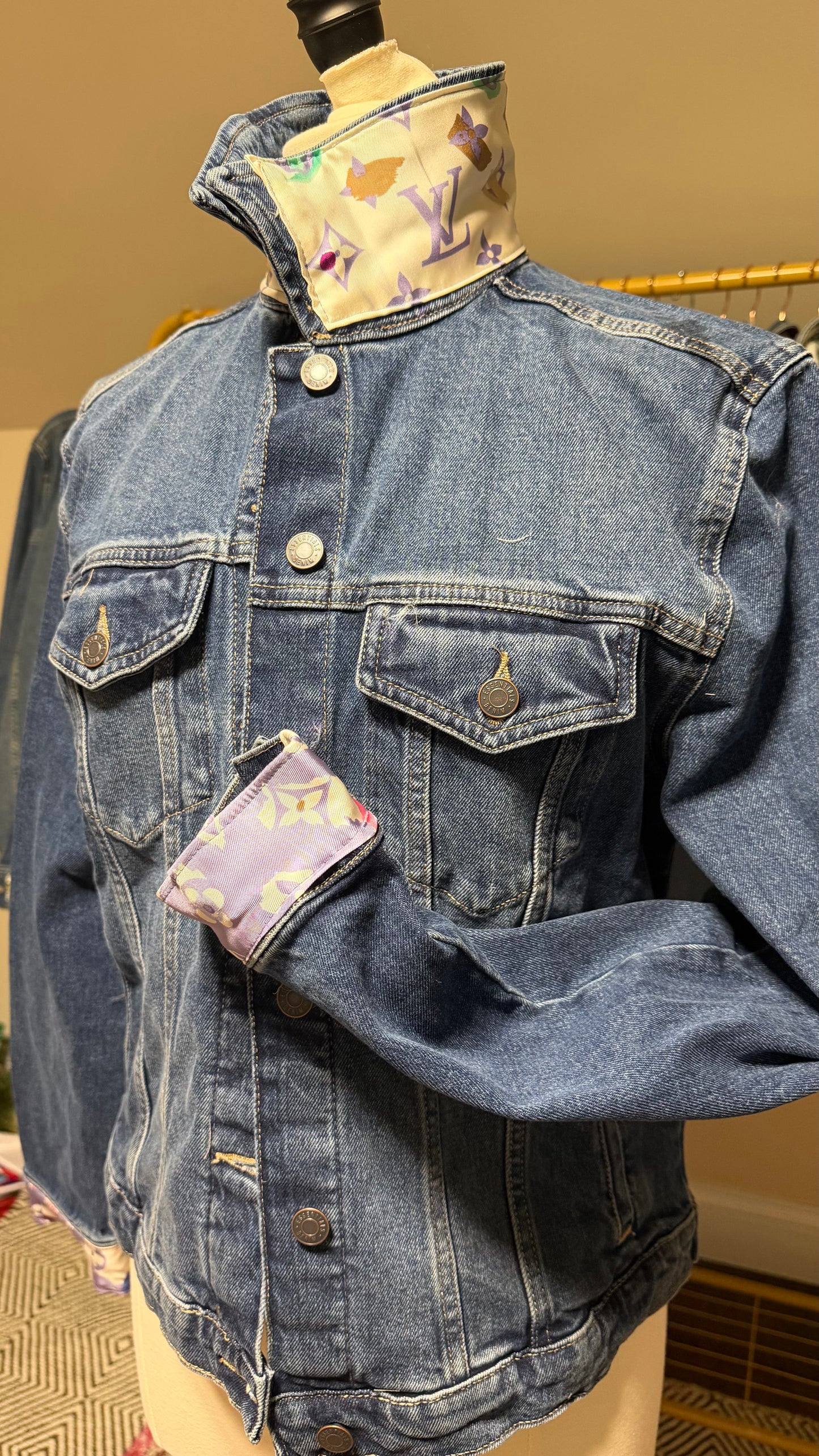 LV Monogram Lavender Scarf Denim Jacket-Size Large