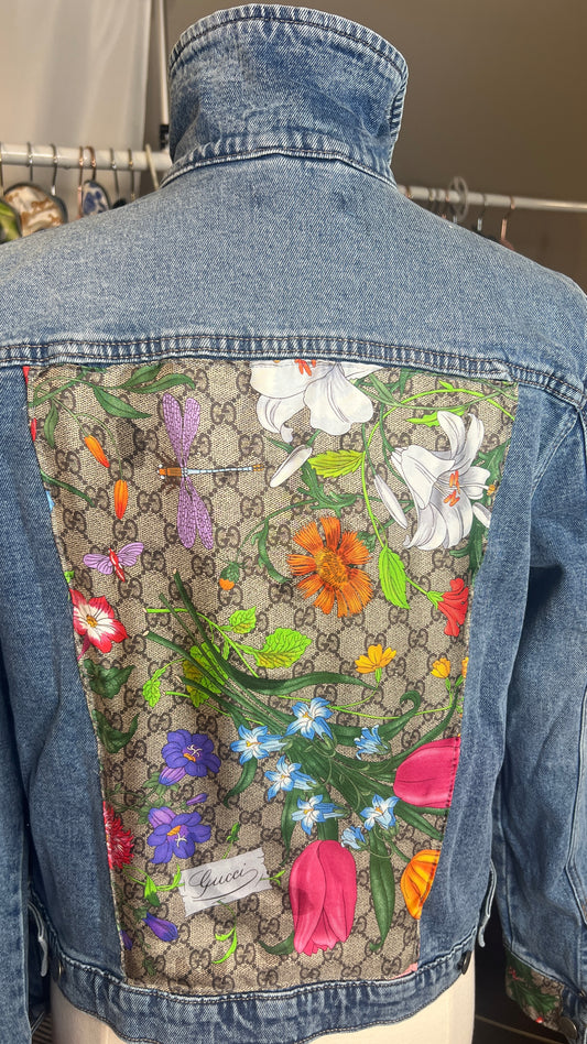 GG Designer Botanical Pink GG scarf on Blue Denim Jacket