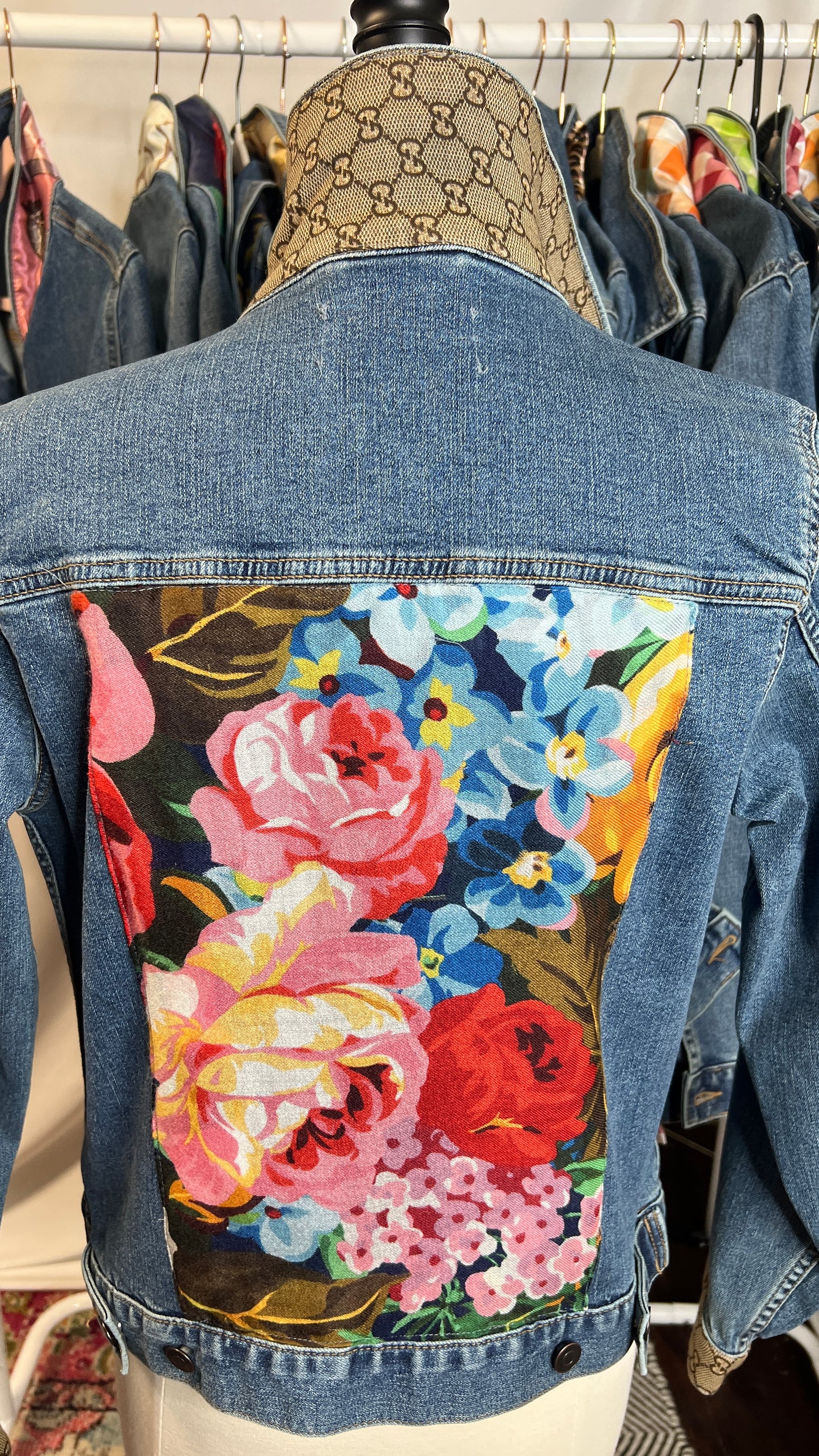 GG Designer floral scarf  on Blue Denim Jacket