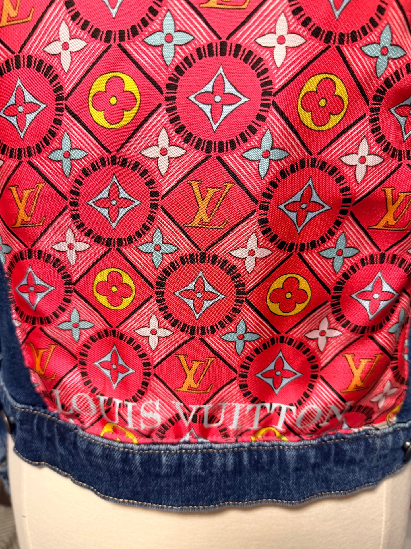 LV Monogram Vibrant Silk Scarf Denim Jacket — Size Small