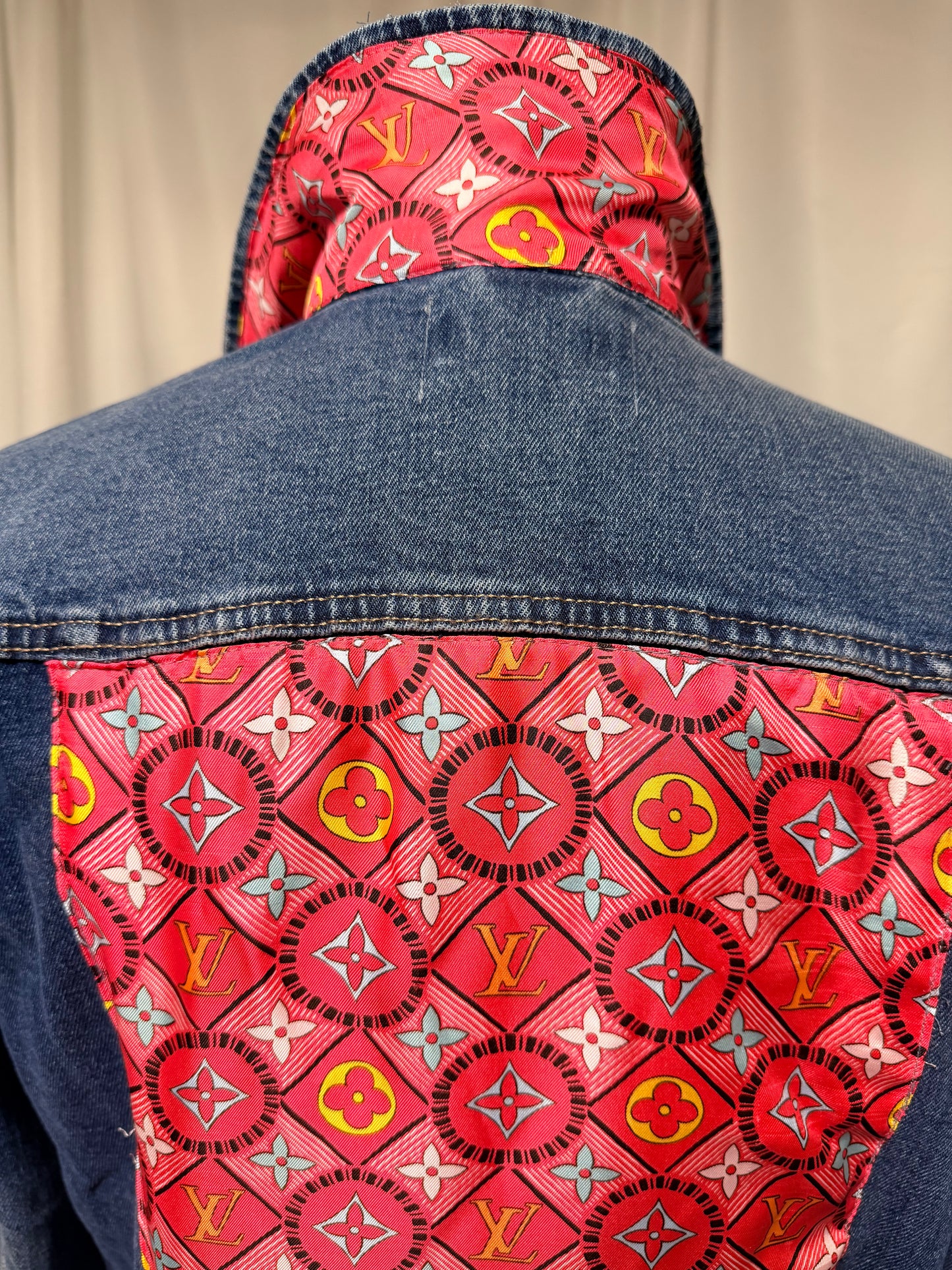 LV Monogram Vibrant Silk Scarf Denim Jacket — Size Small