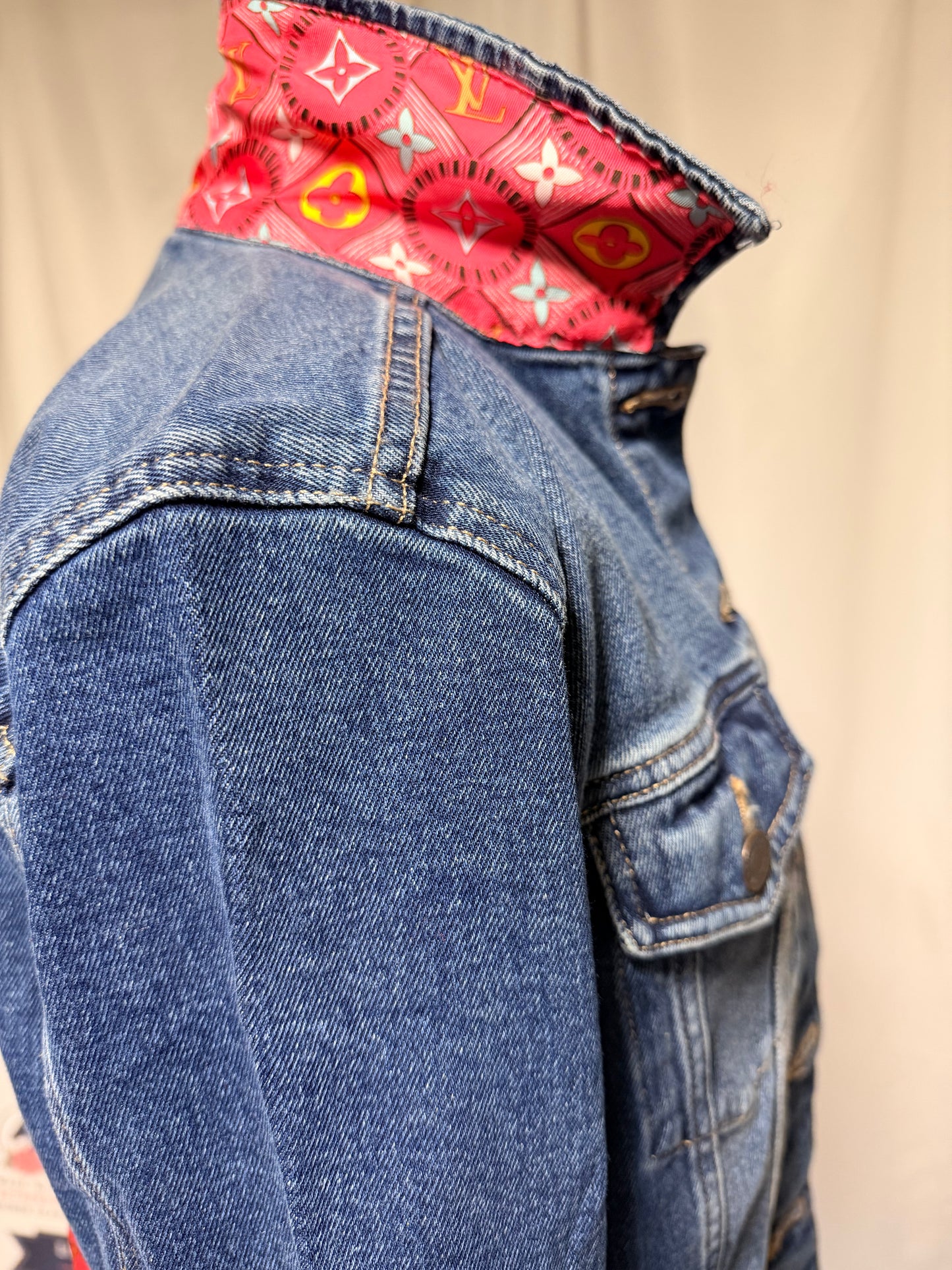 LV Monogram Vibrant Silk Scarf Denim Jacket — Size Small