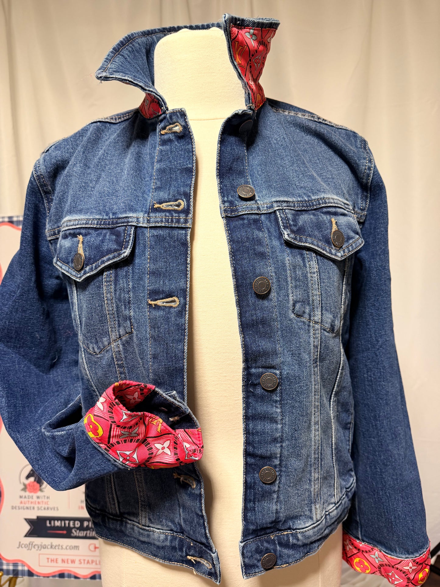 LV Monogram Vibrant Silk Scarf Denim Jacket — Size Small