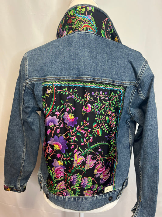 GG Designer Botanical Black Scarf on Blue Denim Jacket size Medium